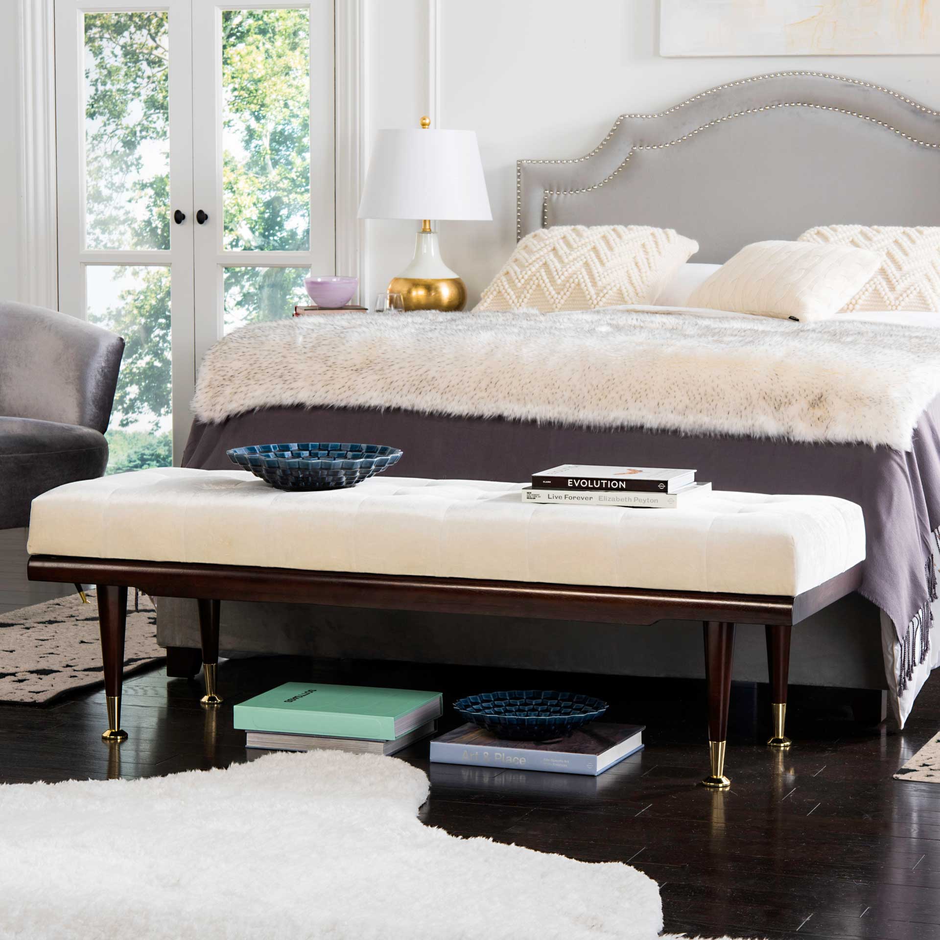 Eleanor Velvet Gold Cap Bench Beige/Espresso - Image 7