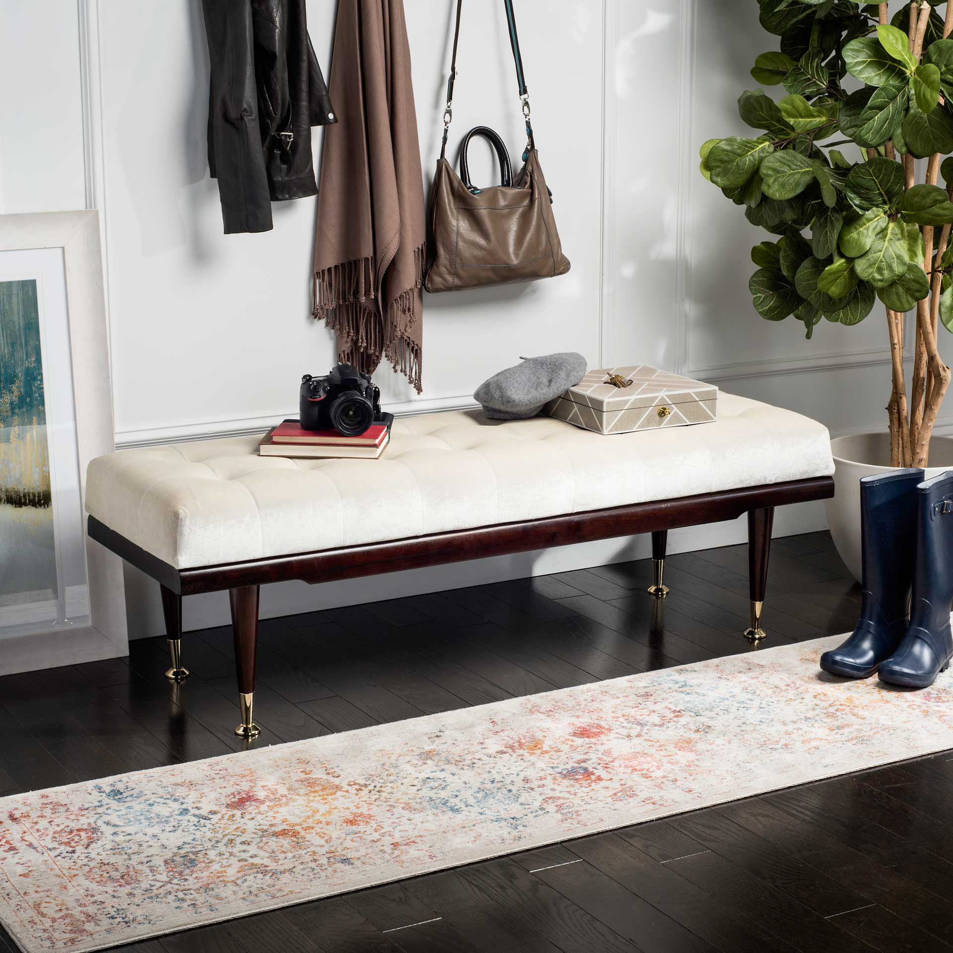 Eleanor Velvet Gold Cap Bench Beige/Espresso - Image 8
