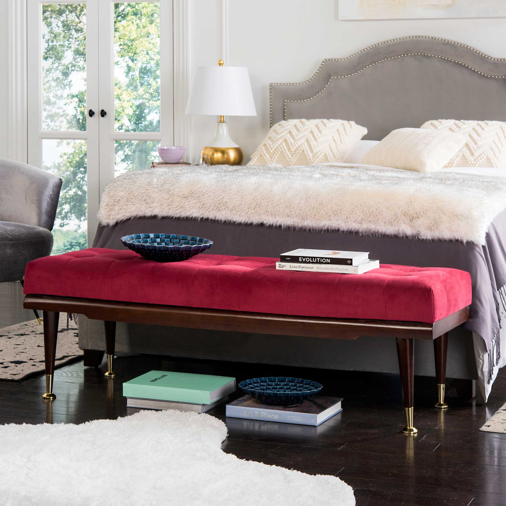 Eleanor Velvet Gold Cap Bench Maroon/Espresso - Image 6