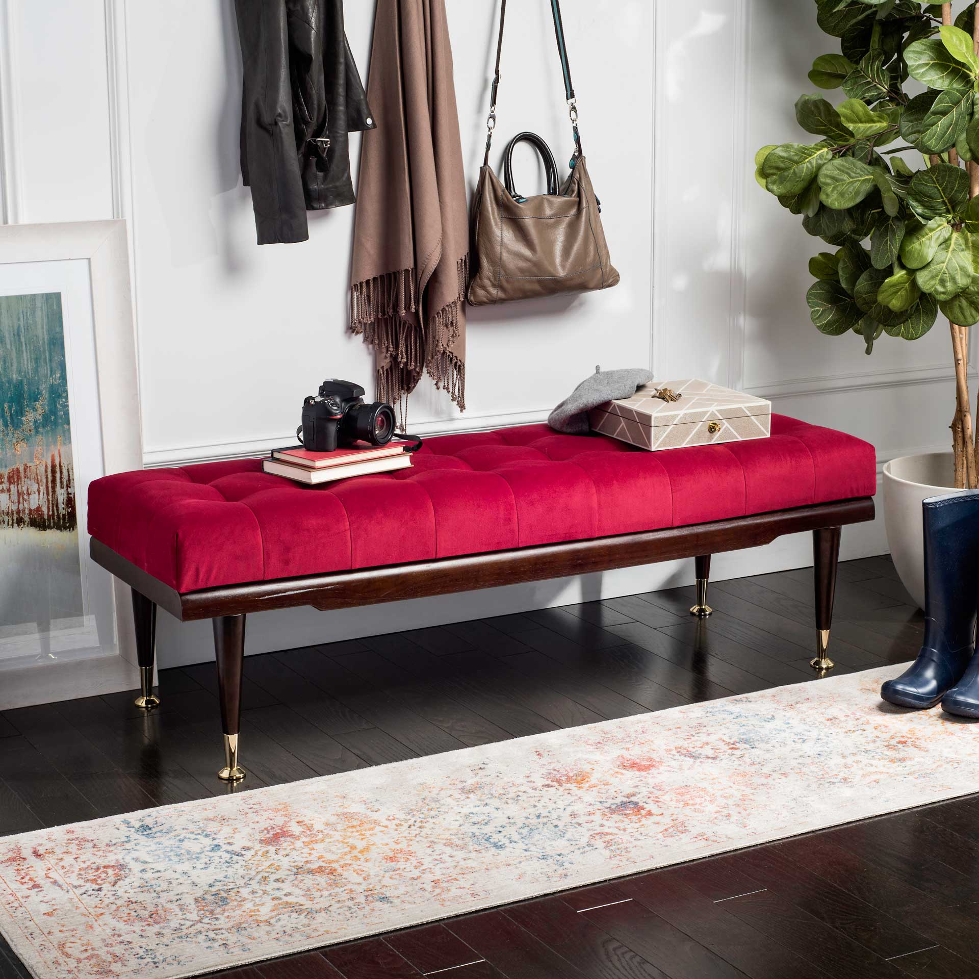 Eleanor Velvet Gold Cap Bench Maroon/Espresso - Image 7