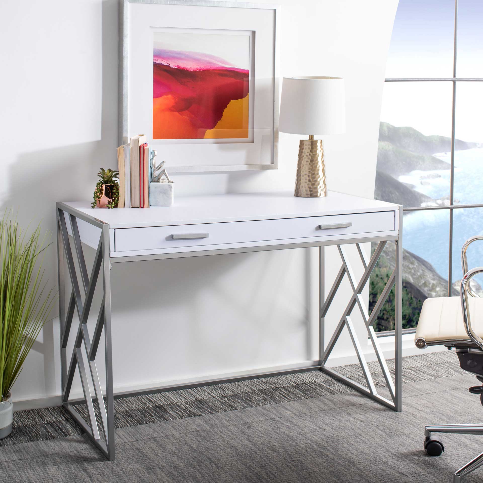 Elias 1 Drawer Desk White/Silver - Image 7