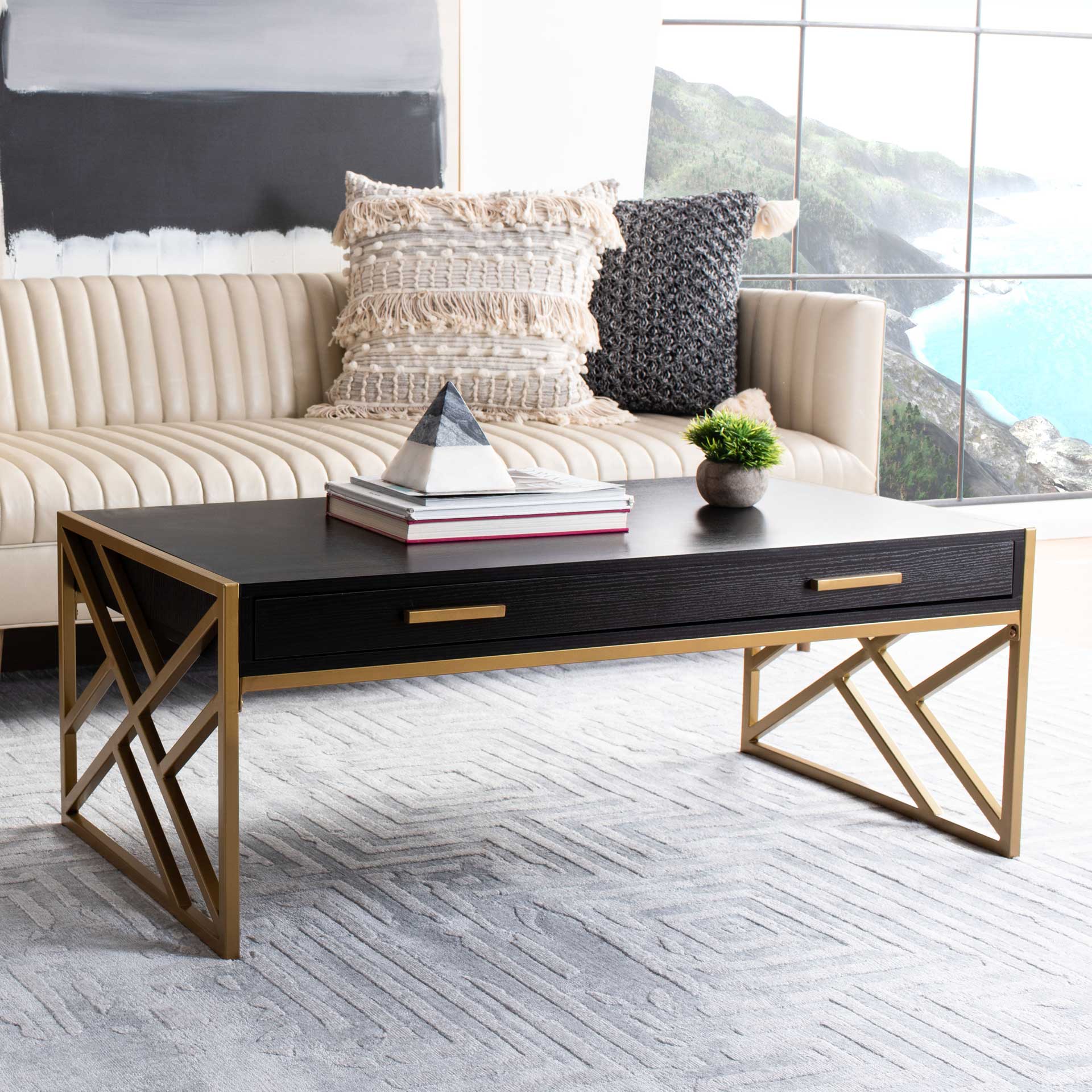 Elias 2 Drawer Coffee Table Black/Gold - Image 7