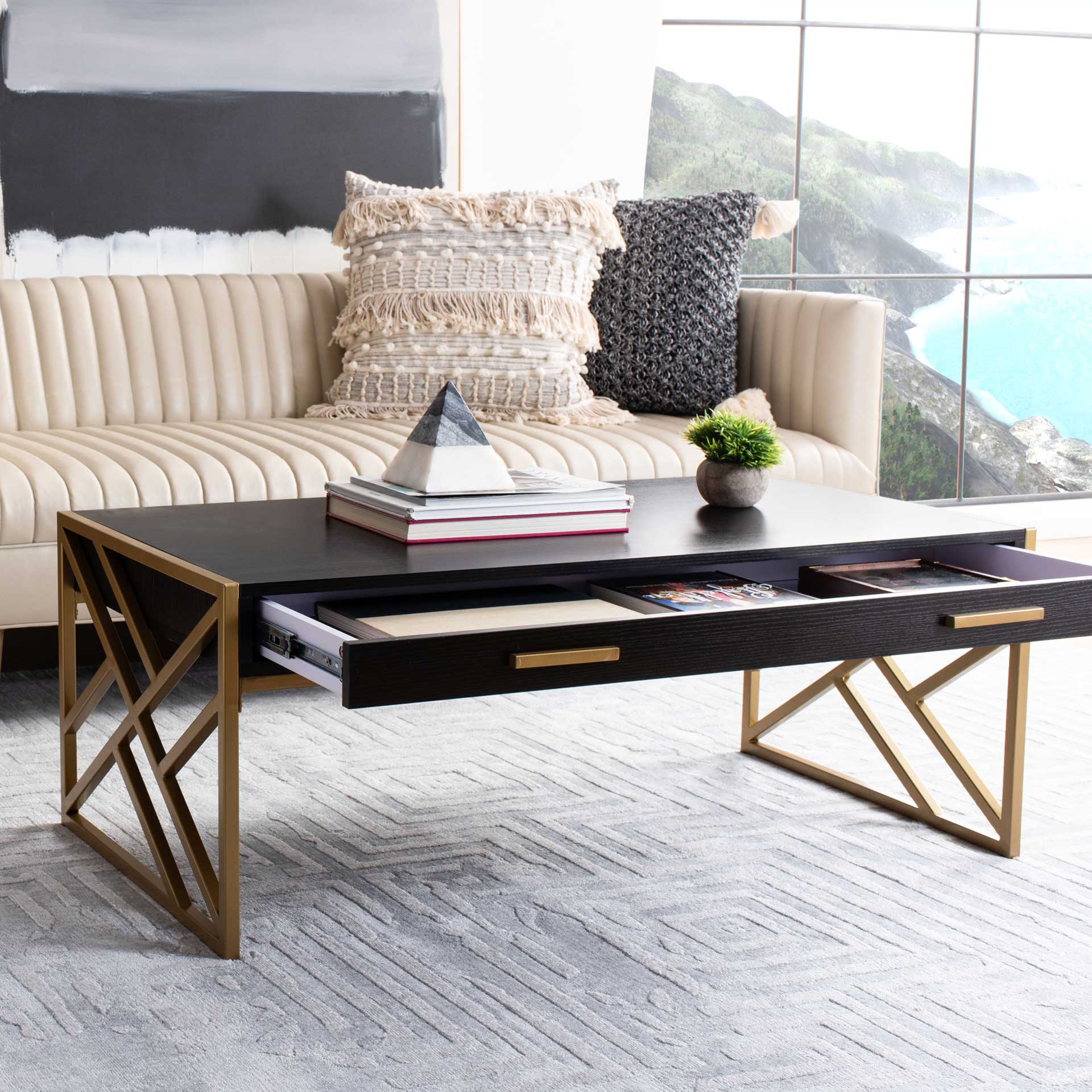 Elias 2 Drawer Coffee Table Black/Gold - Image 8