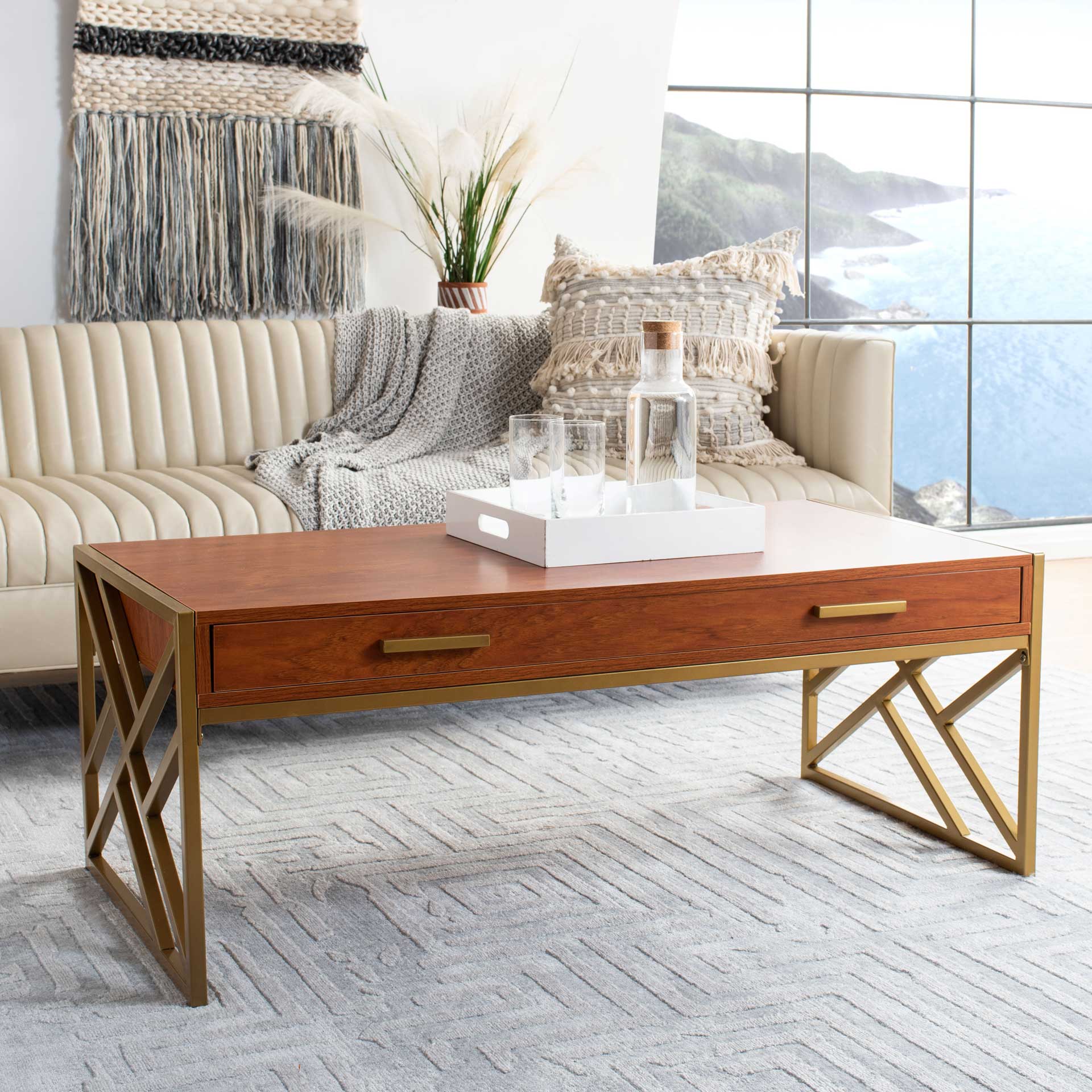 Elias 2 Drawer Coffee Table Natural/Gold - Image 7