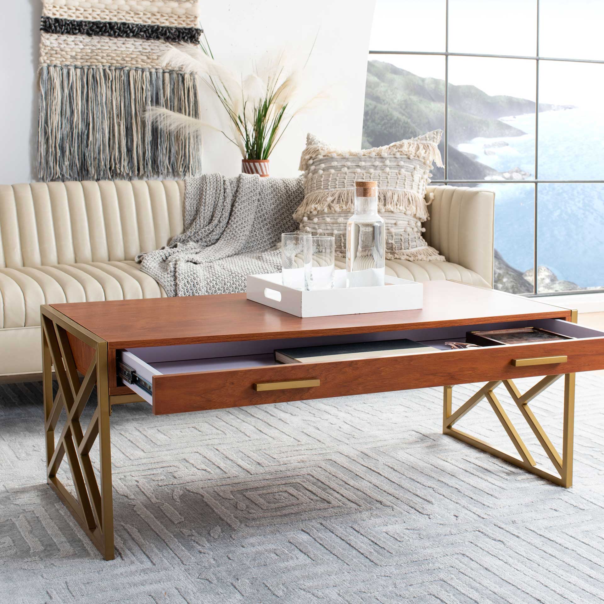 Elias 2 Drawer Coffee Table Natural/Gold - Image 8