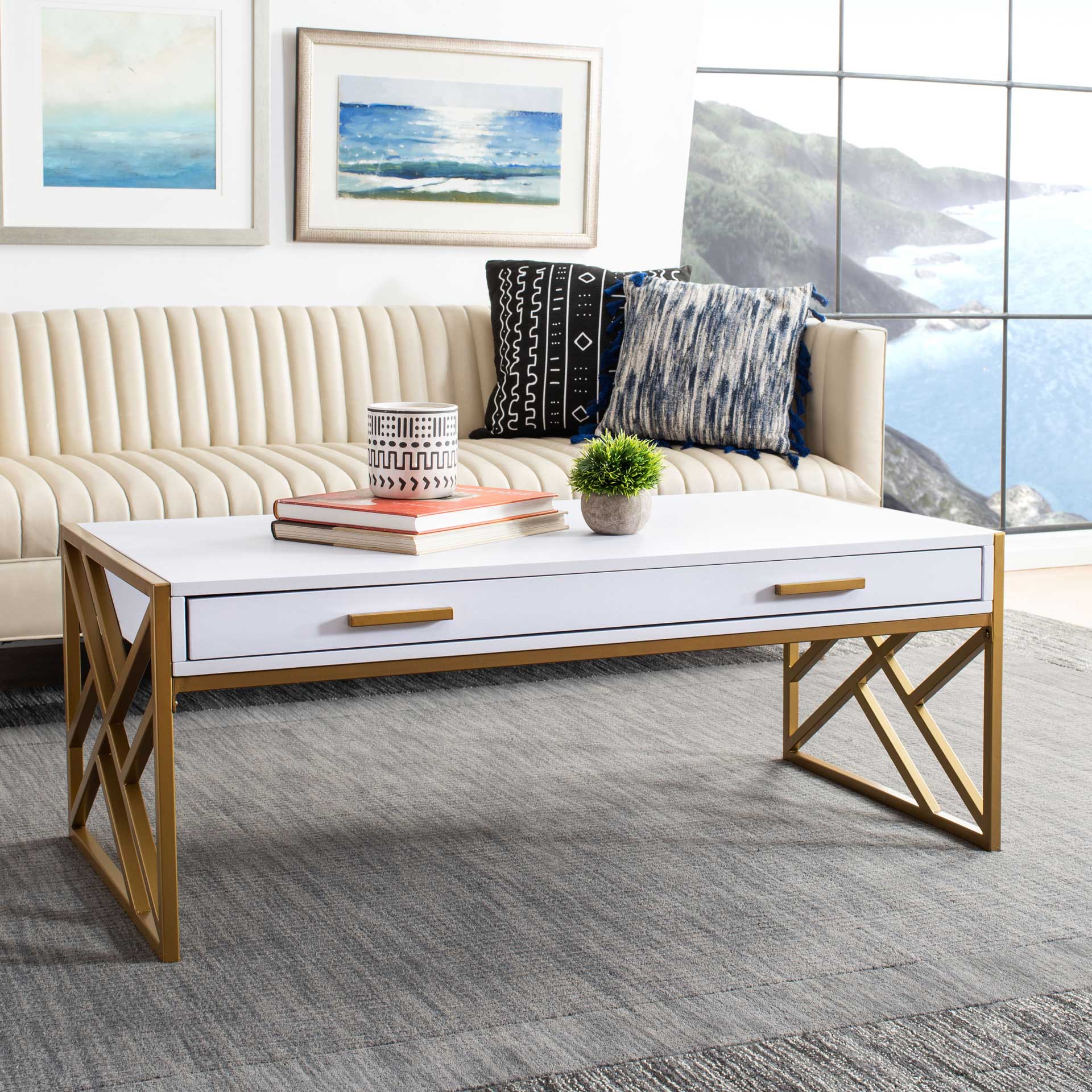 Elias 2 Drawer Coffee Table White/Gold - Image 7