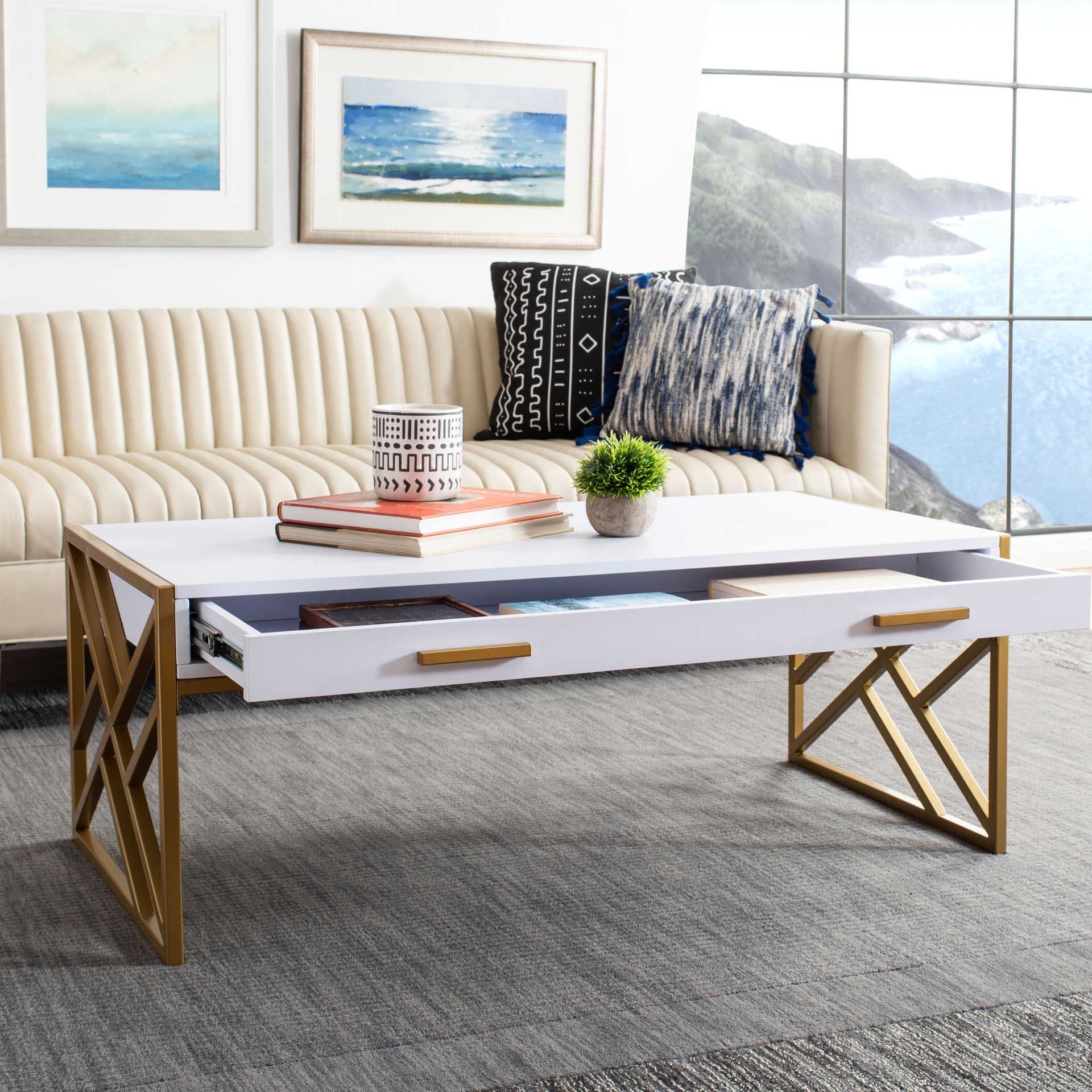 Elias 2 Drawer Coffee Table White/Gold - Image 8