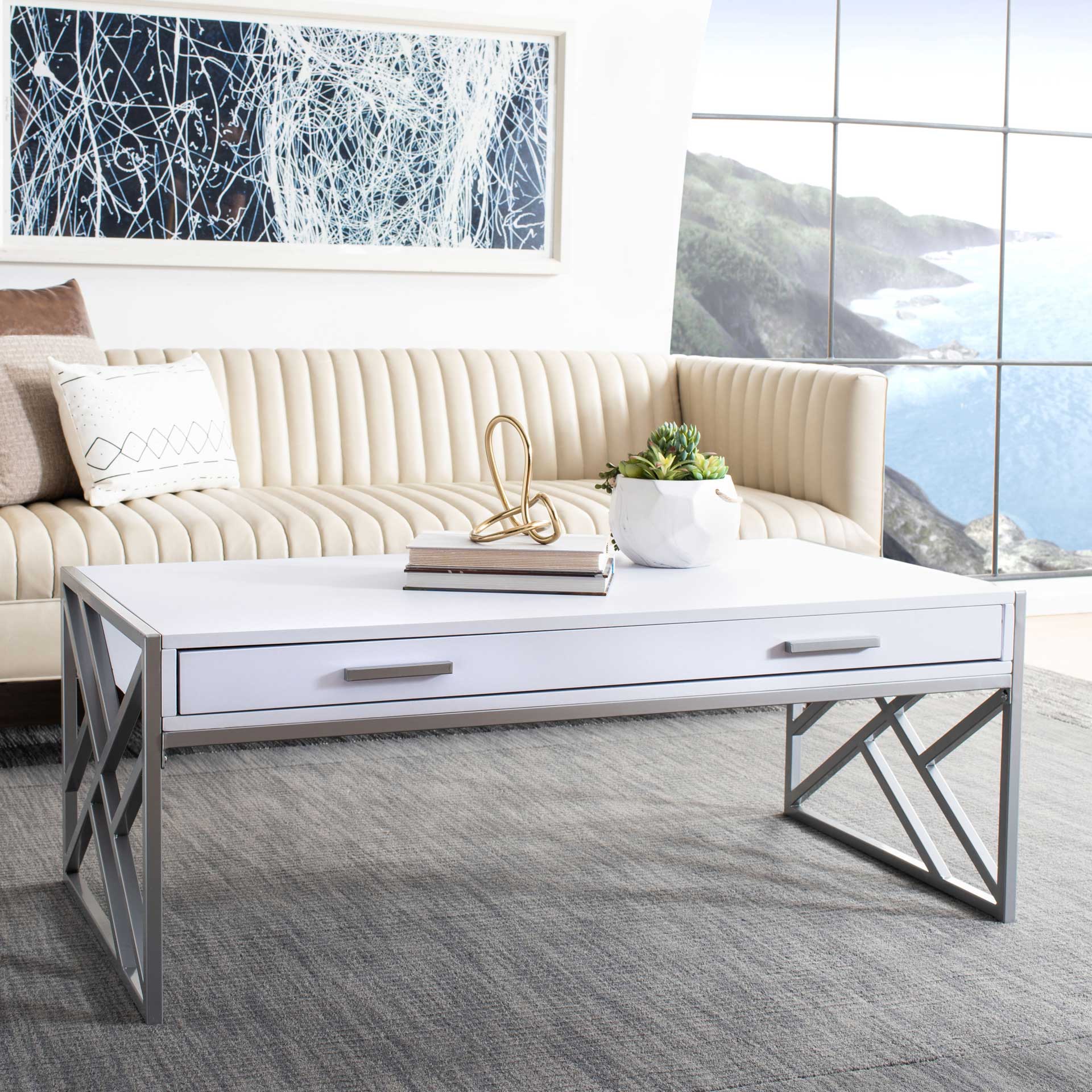 Elias 2 Drawer Coffee Table White/Silver - Image 7