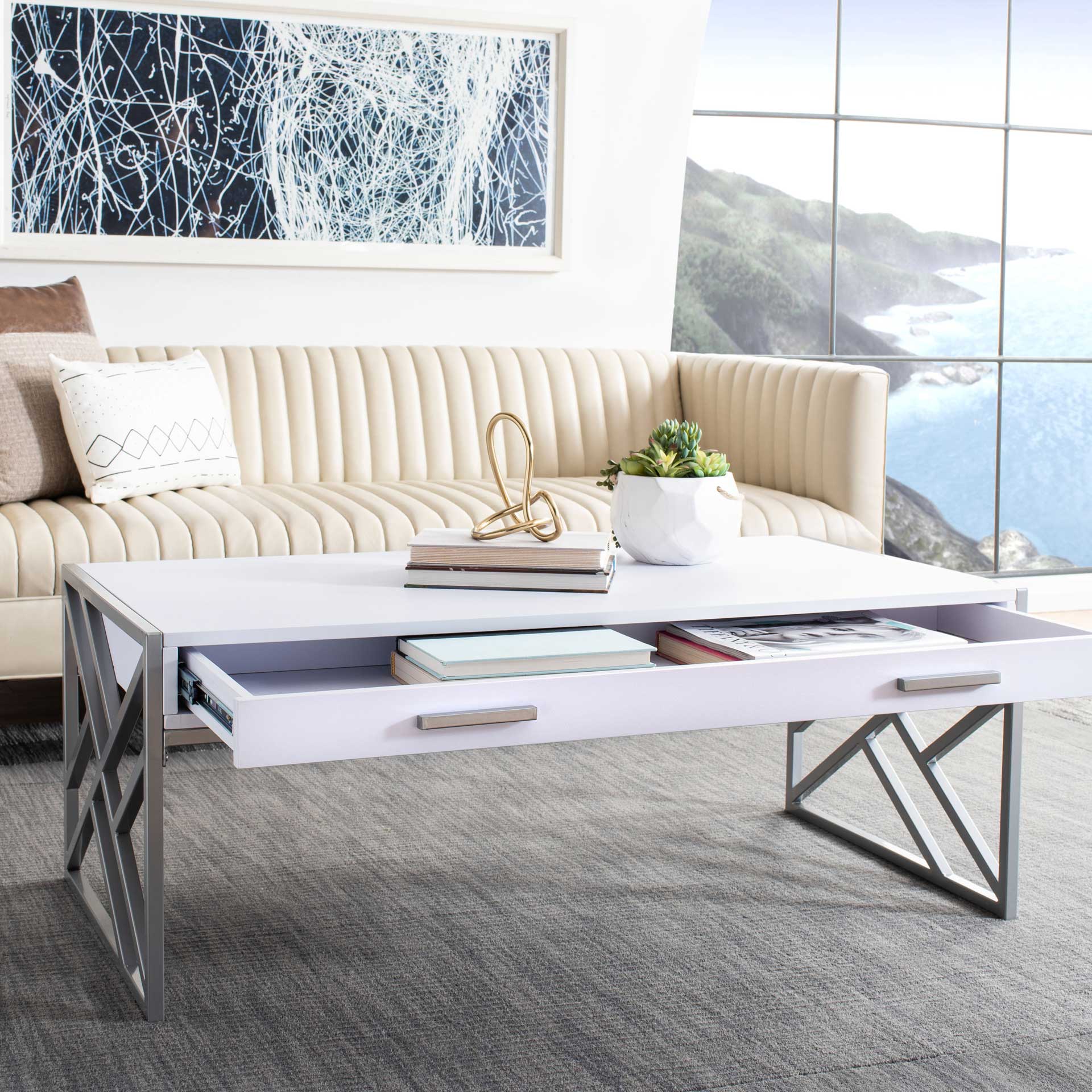 Elias 2 Drawer Coffee Table White/Silver - Image 8