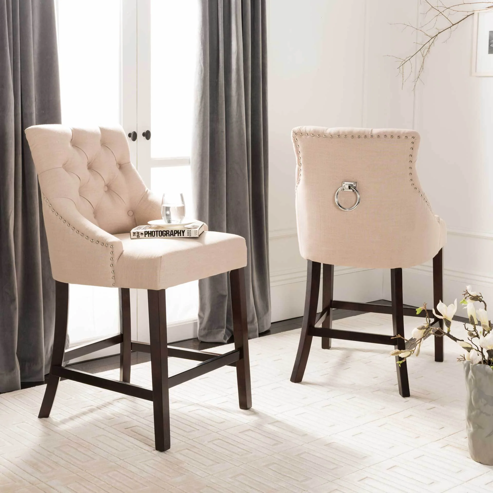 Ellianna Tufted Wing Back Bar Stool Beige (Set of 2) - Image 14