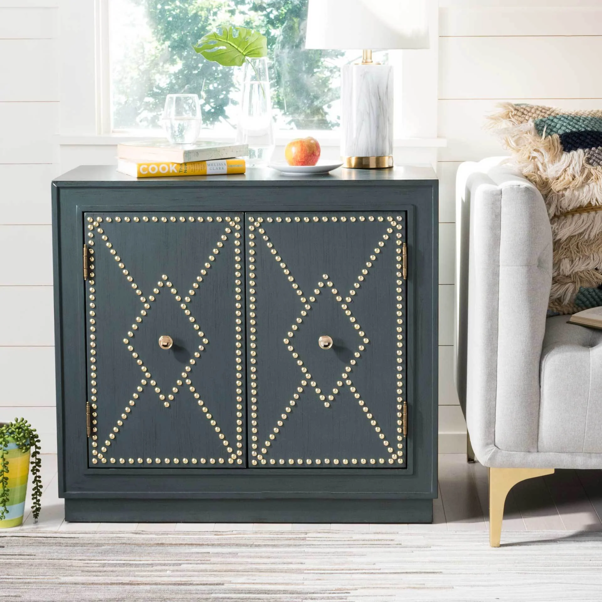 Erabella 2 Door Chest Steel Teal Linen/Gold/Mirror - Image 5