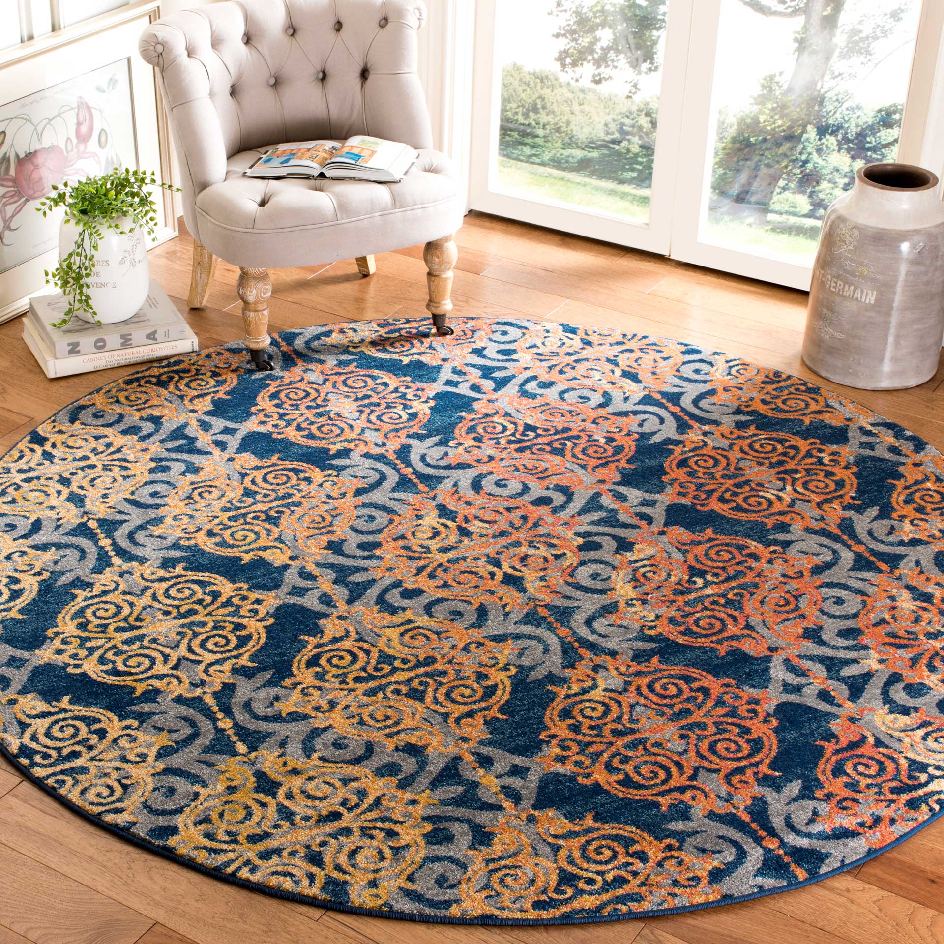 Evoke Filigree Blue/Orange Round Rug - Image 3