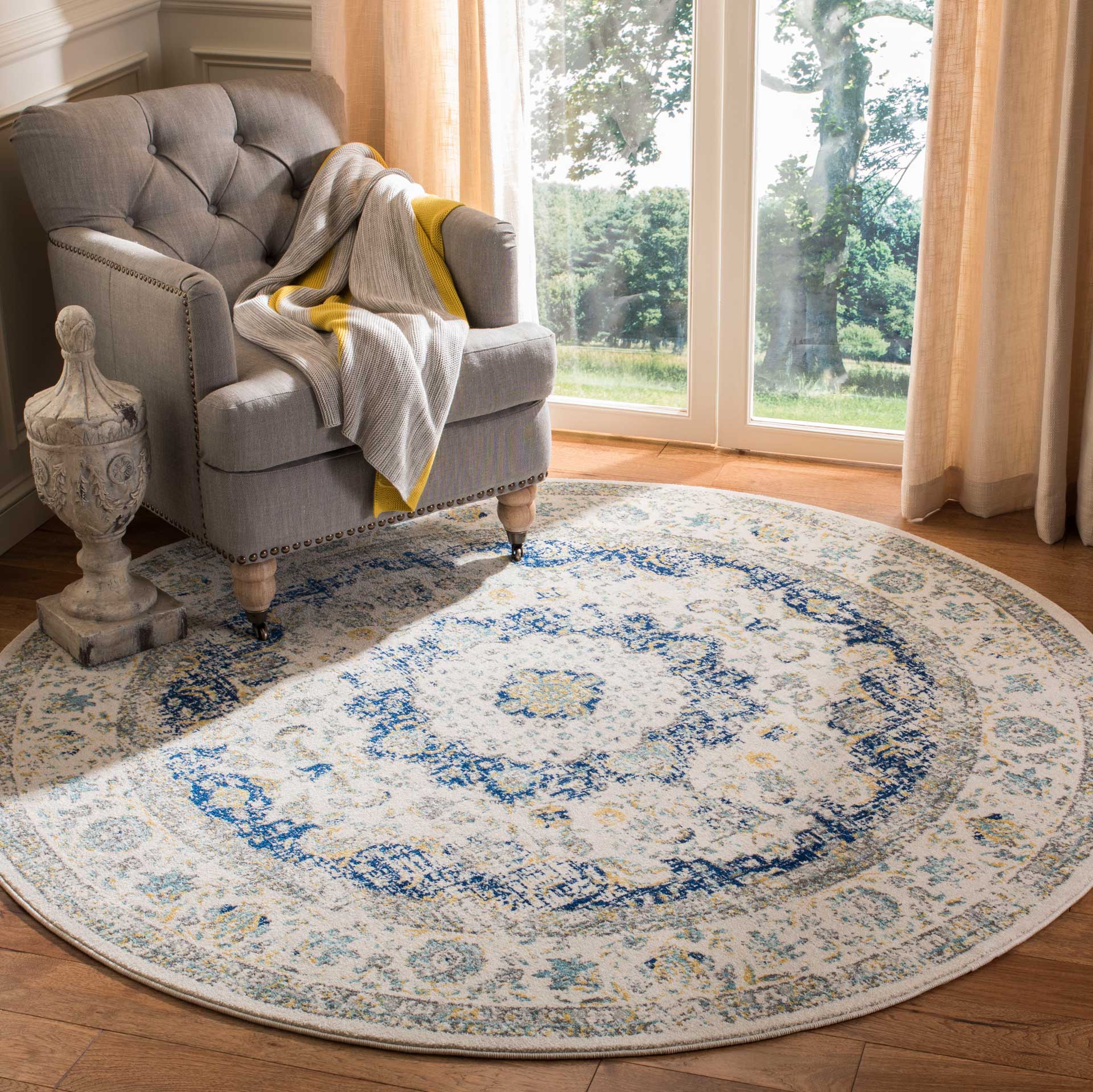 Evoke Medallion Ivory/Blue Round Rug - Image 3