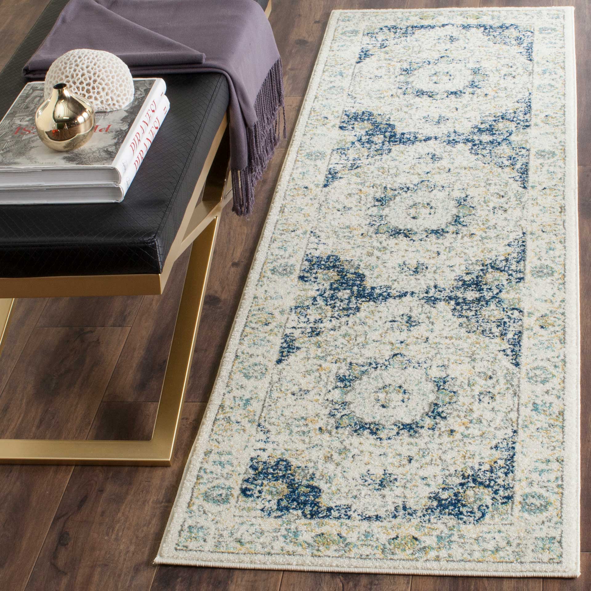 Evoke Medallion Ivory/Blue Runner Rug - Image 3