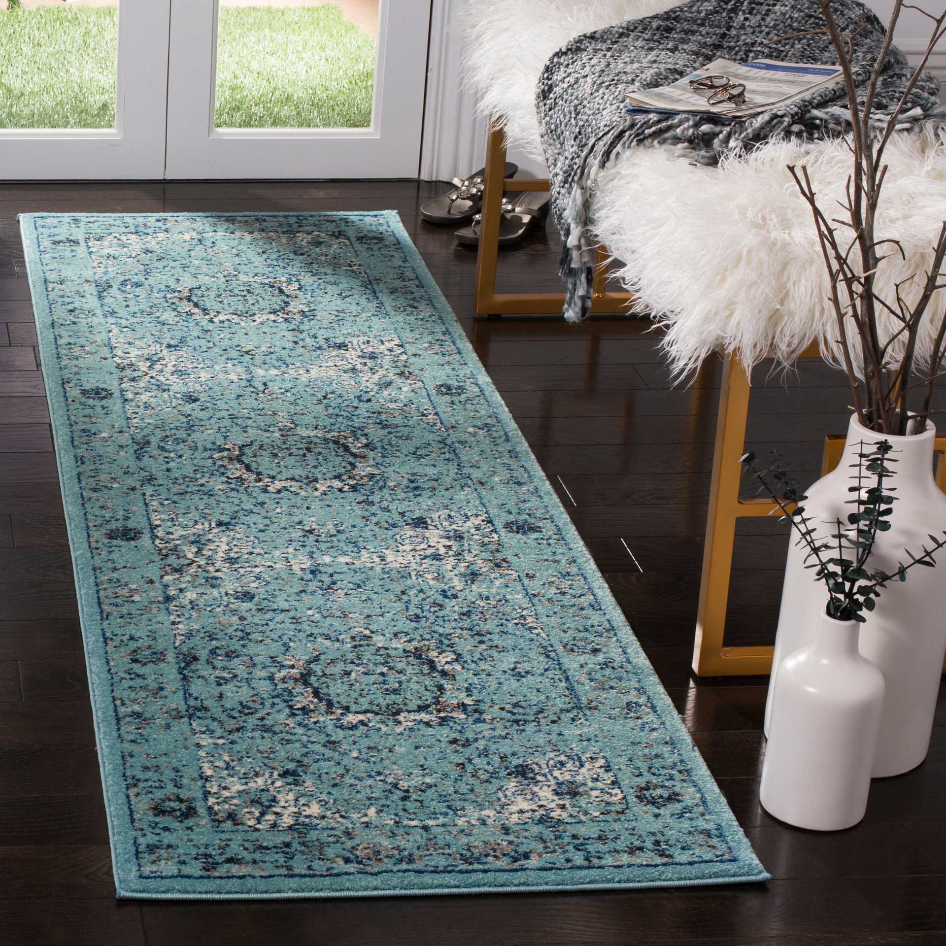 Evoke Medallion Light Blue Runner Rug - Image 2