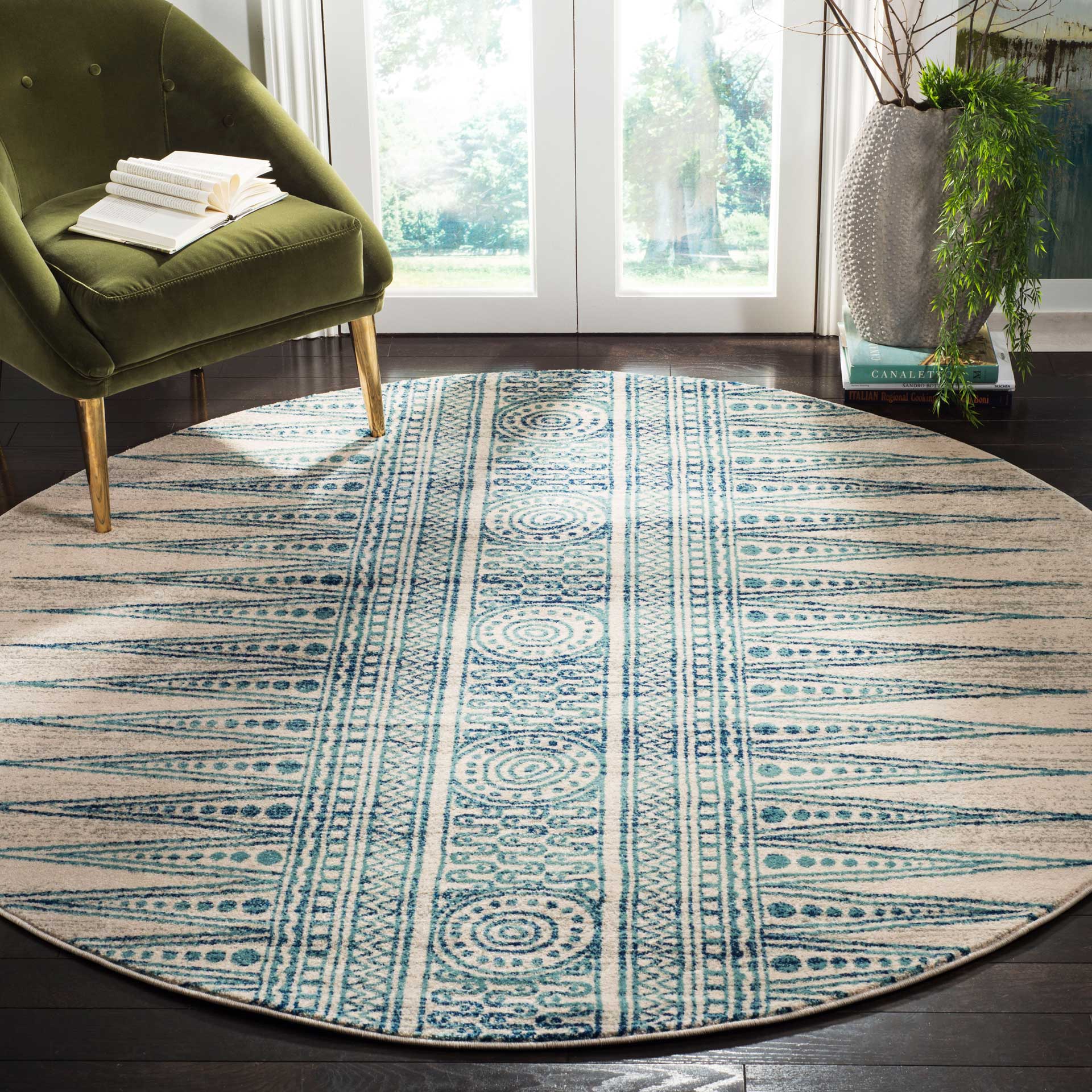 Evoke Tribal Ivory/Turquoise Round Rug - Image 3