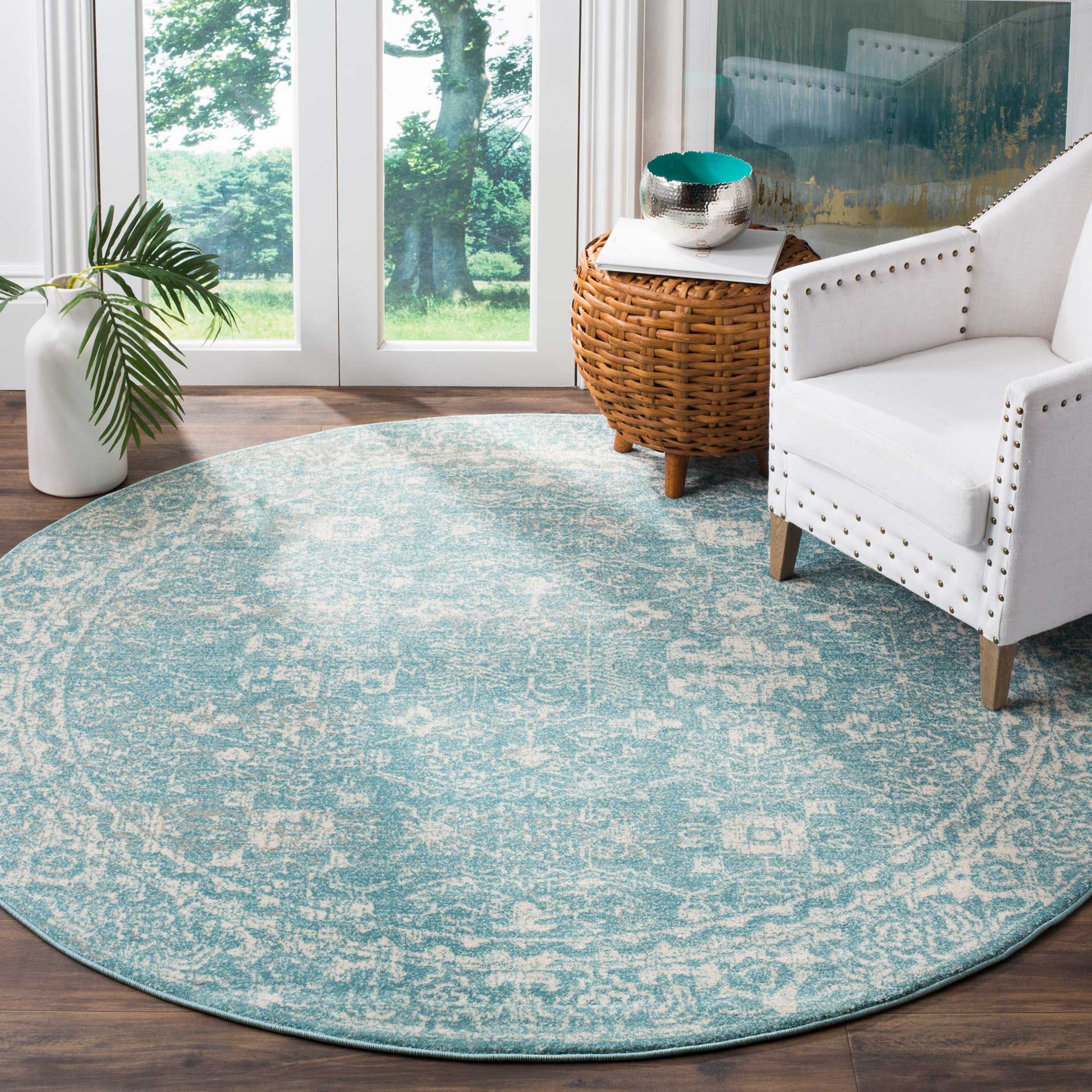 Evoke Vintage Light Blue/Ivory Round Rug - Image 3