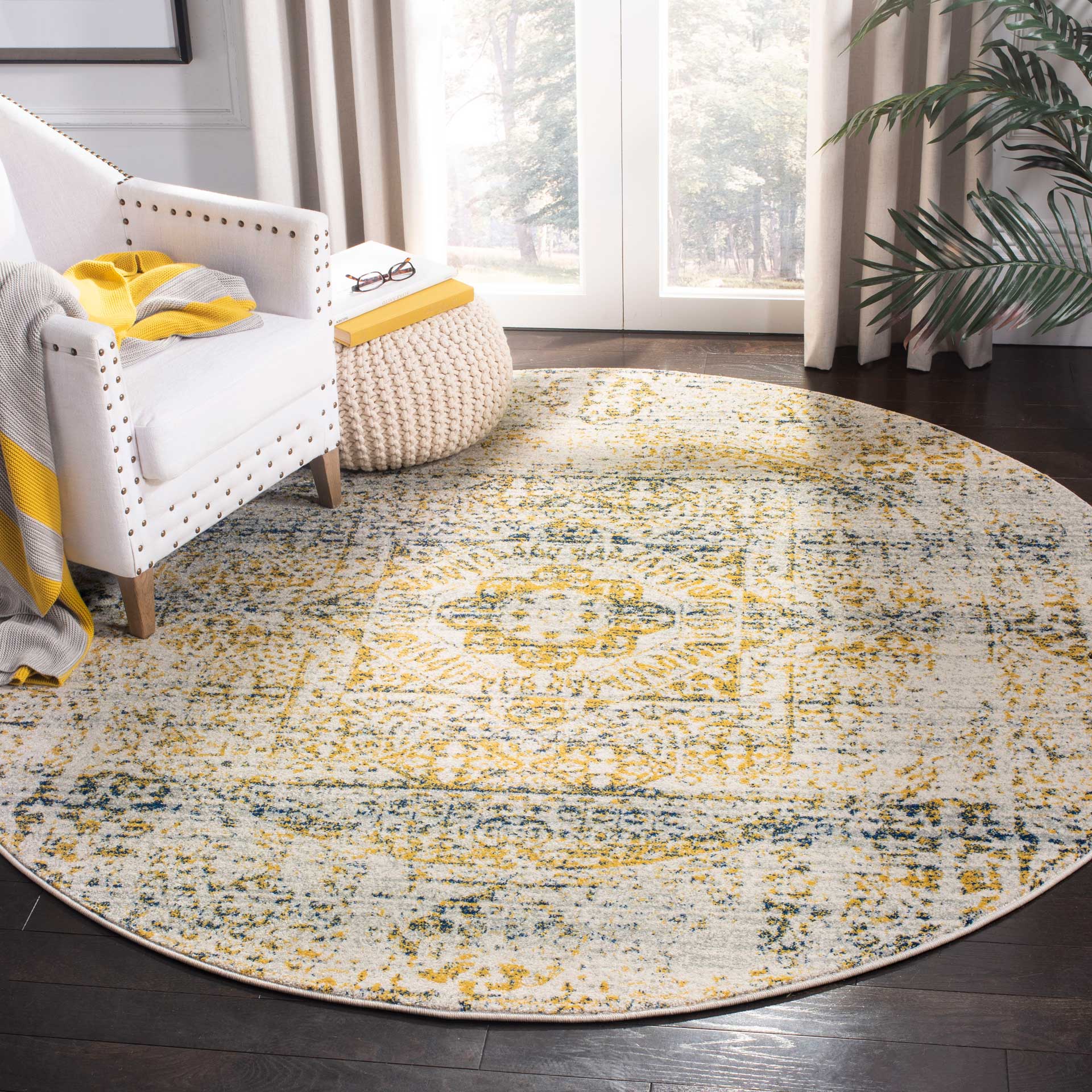 Evoke Washed Ivory/Blue Round Rug - Image 3