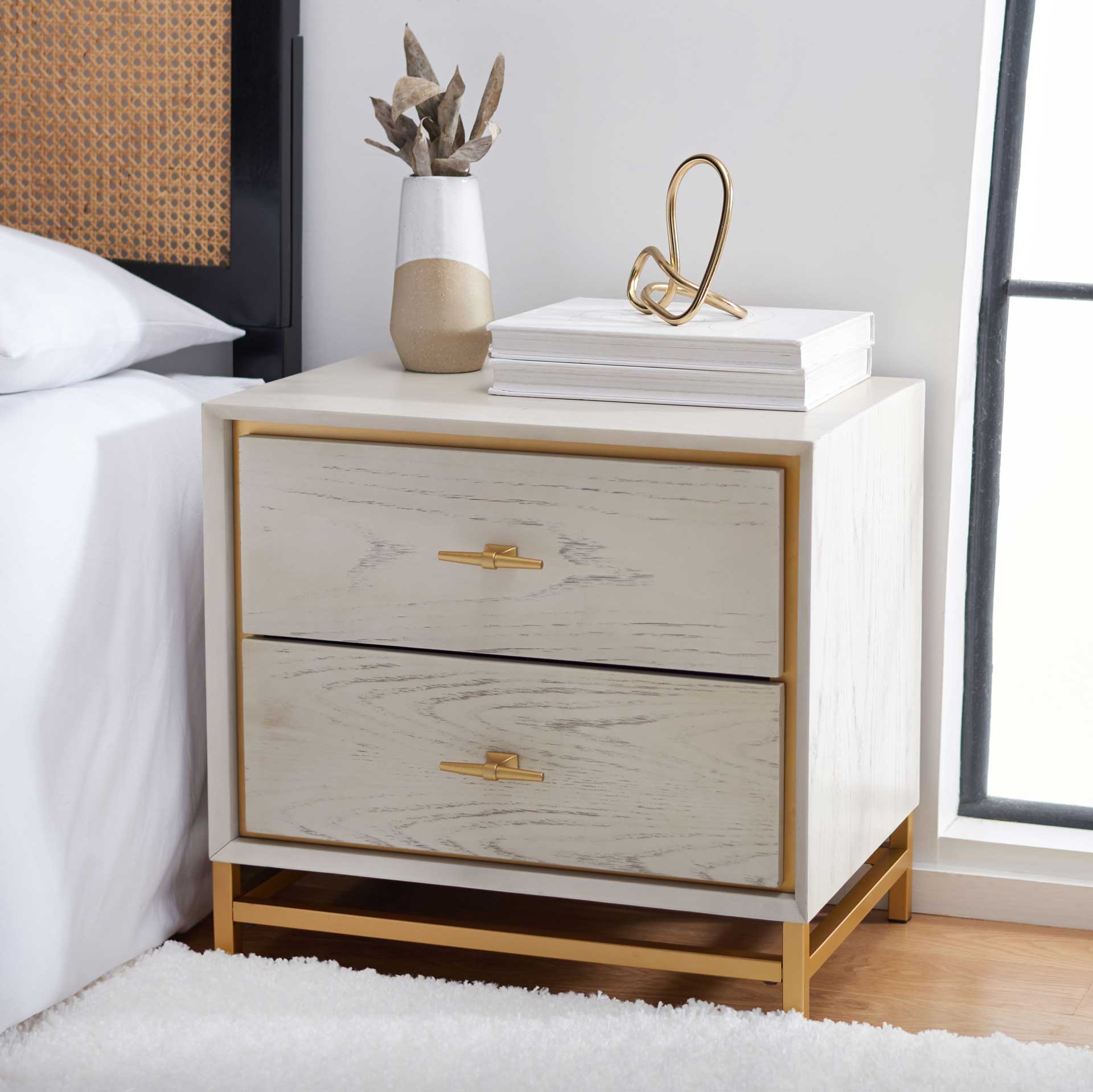 Femi 2 Drawer Nightstand White Washed/Brass - Image 9