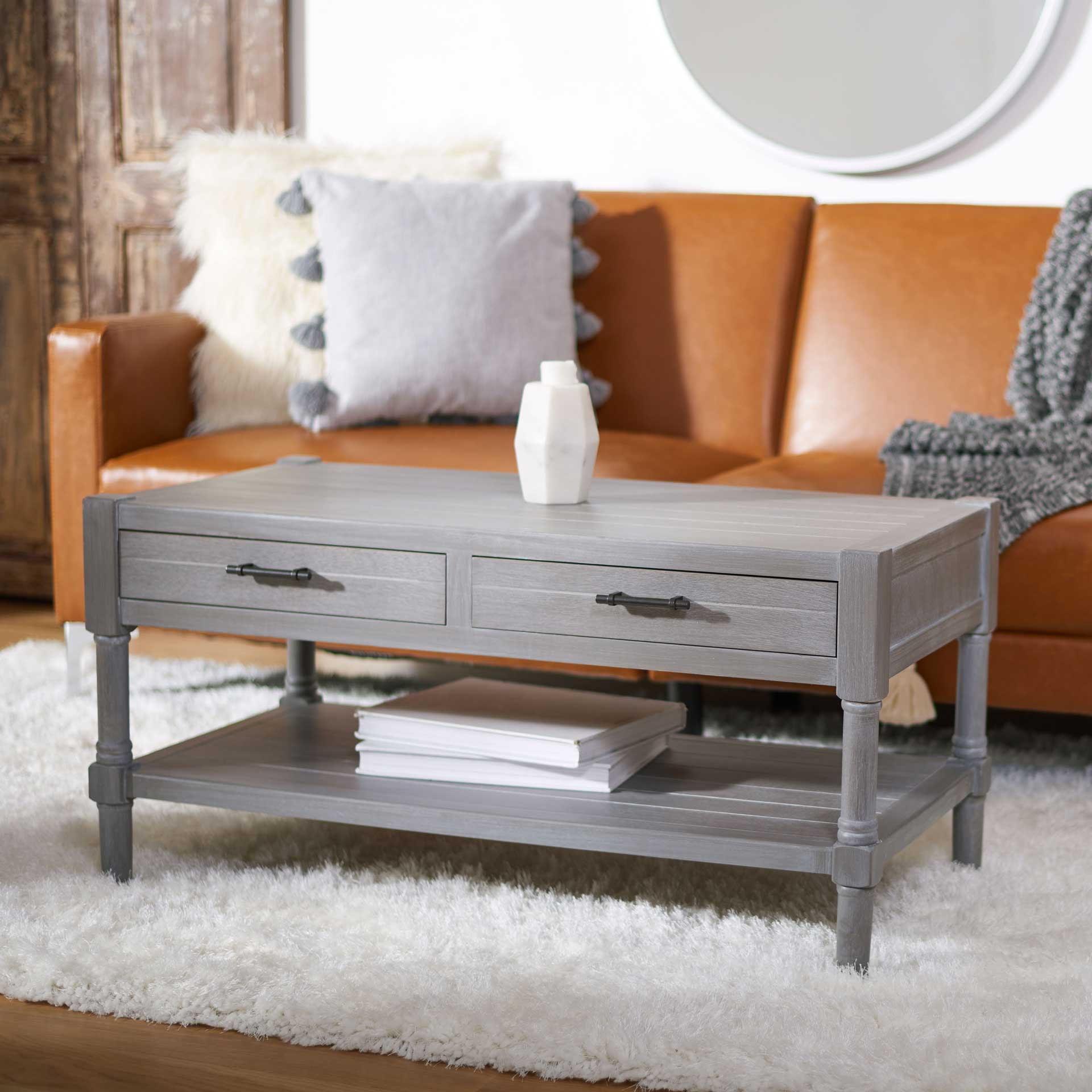 Fidelma 2 Drawer Coffee Table White Washed Gray - Image 6