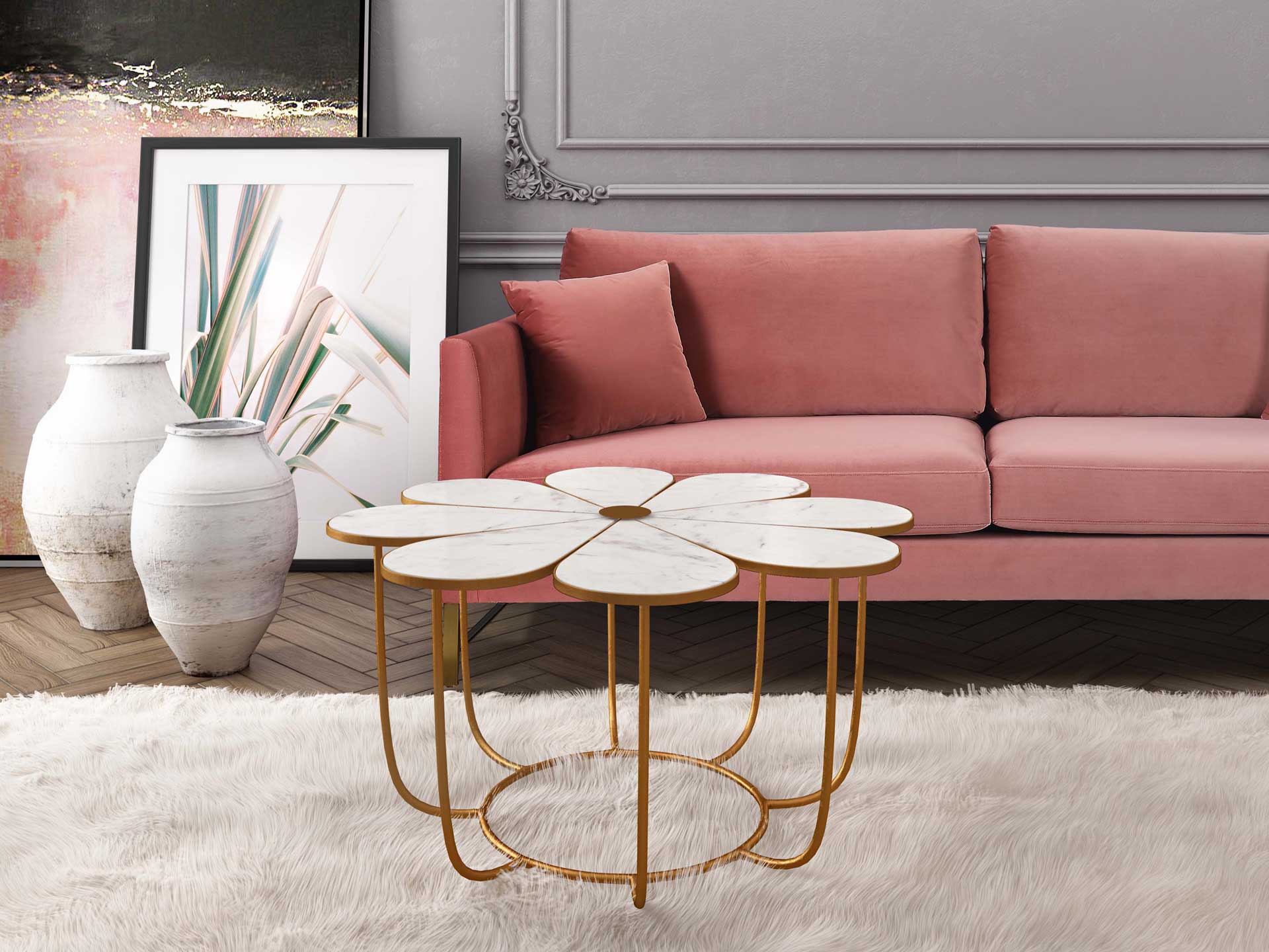 Floral Marble Cocktail Table White/Gold - Image 6