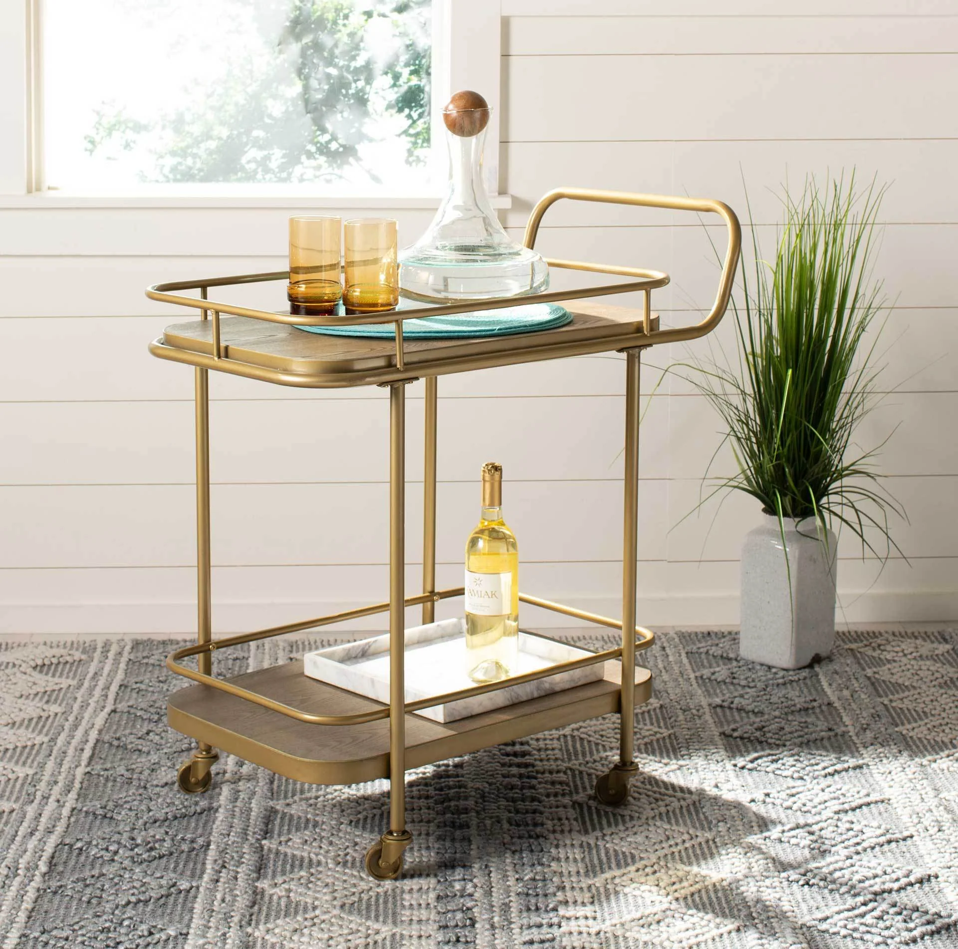 Gabriela 2 Tier Rectangle Bar Cart Rustic Oak/Gold - Image 8