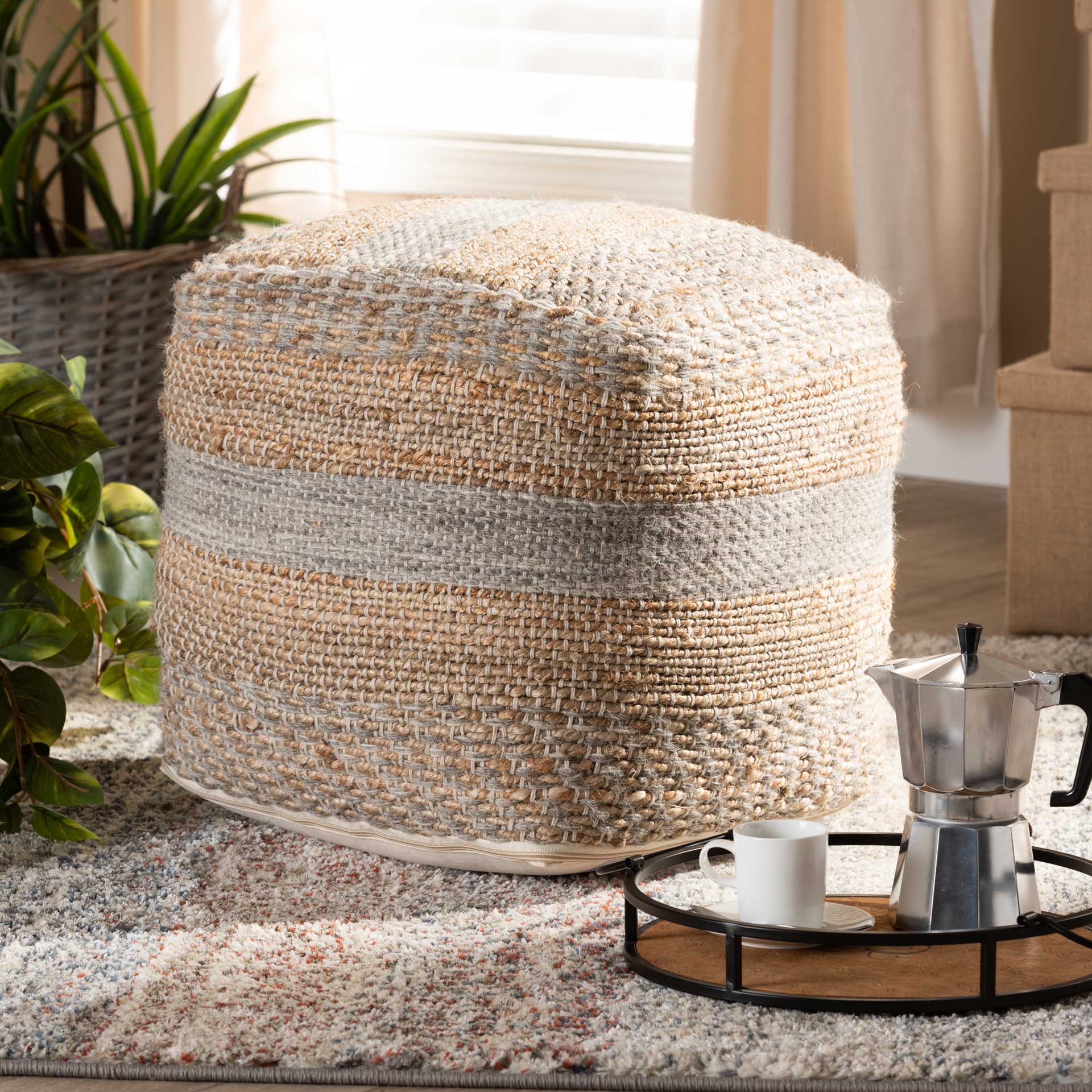 Gracey Handwoven Hemp Pouf Natural/Gray - Image 6