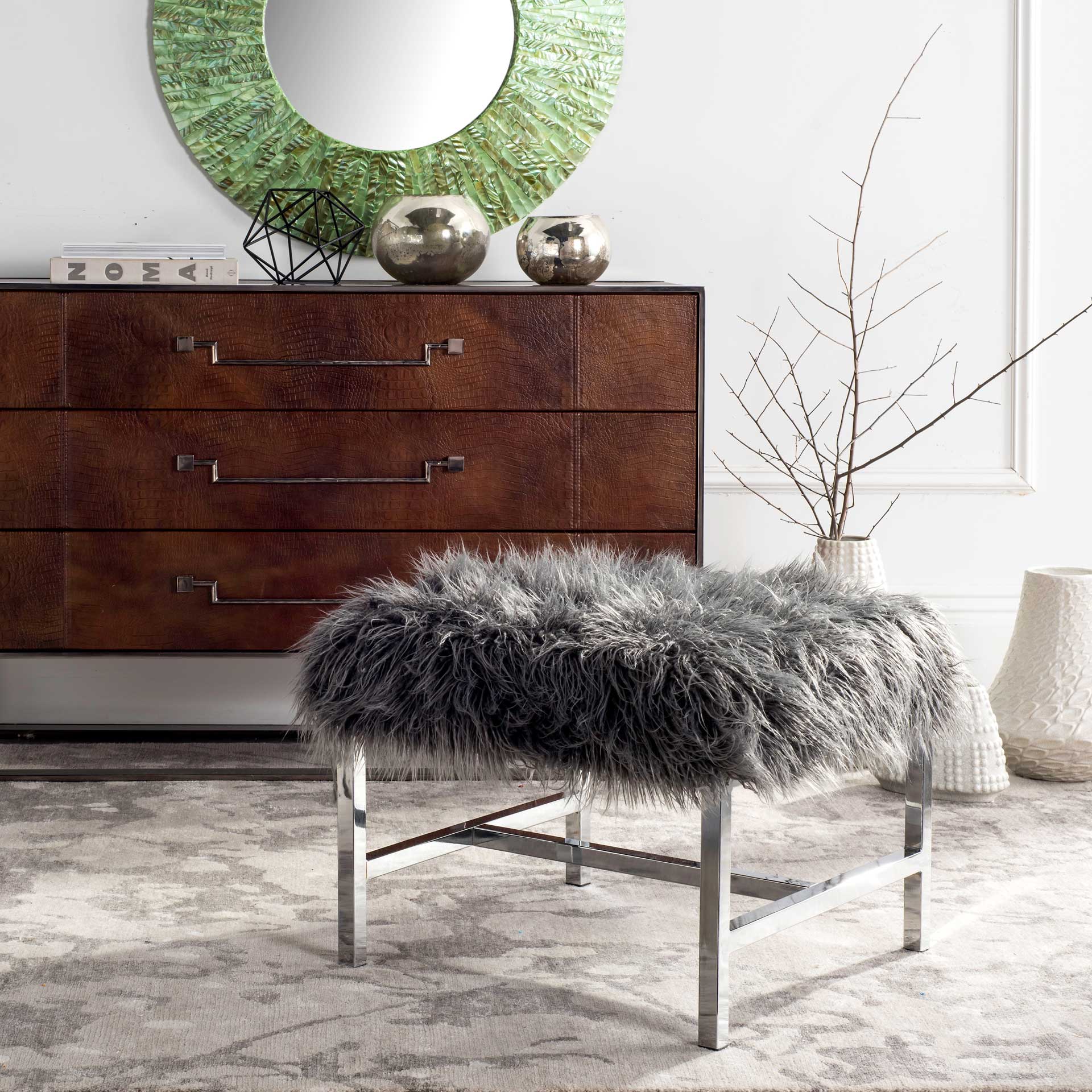 Hollingsworth Faux Sheepskin Square Bench Gray - Image 7