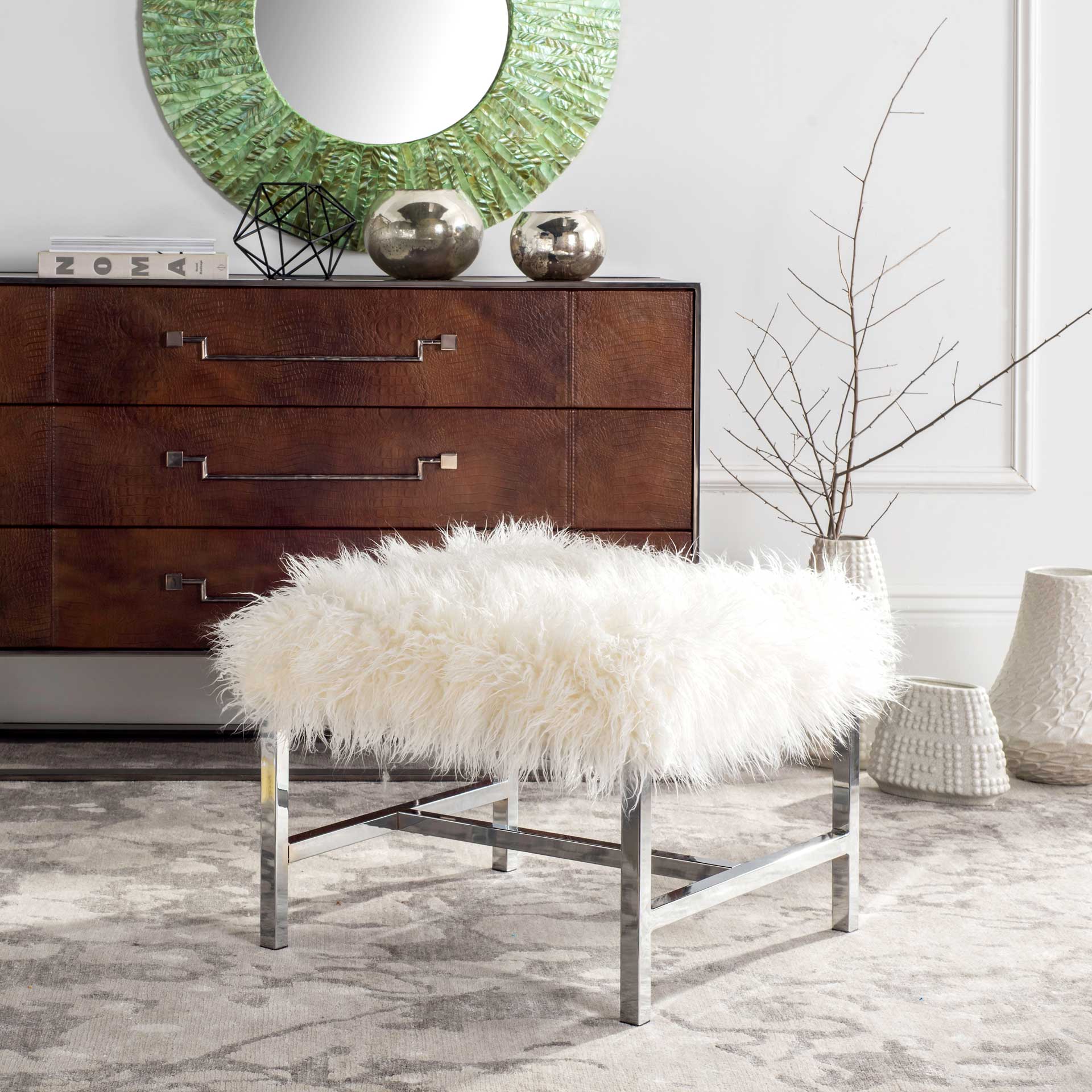 Hollingsworth Faux Sheepskin Square Bench White - Image 6