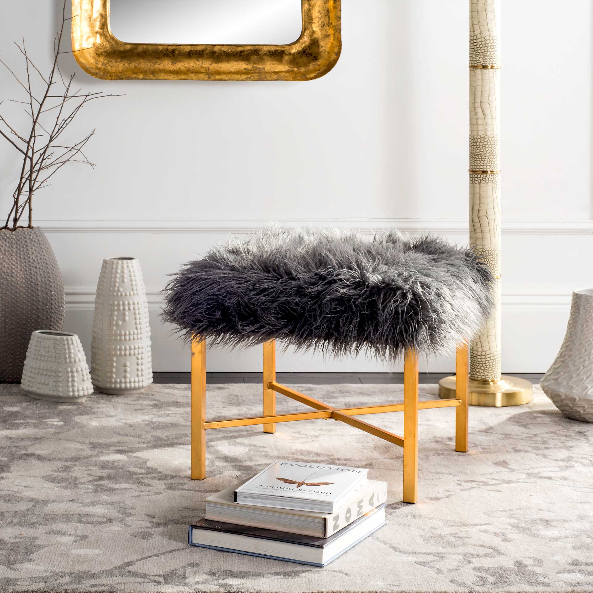 Hollingsworth Faux Sheepskin X Square Bench Gray - Image 6