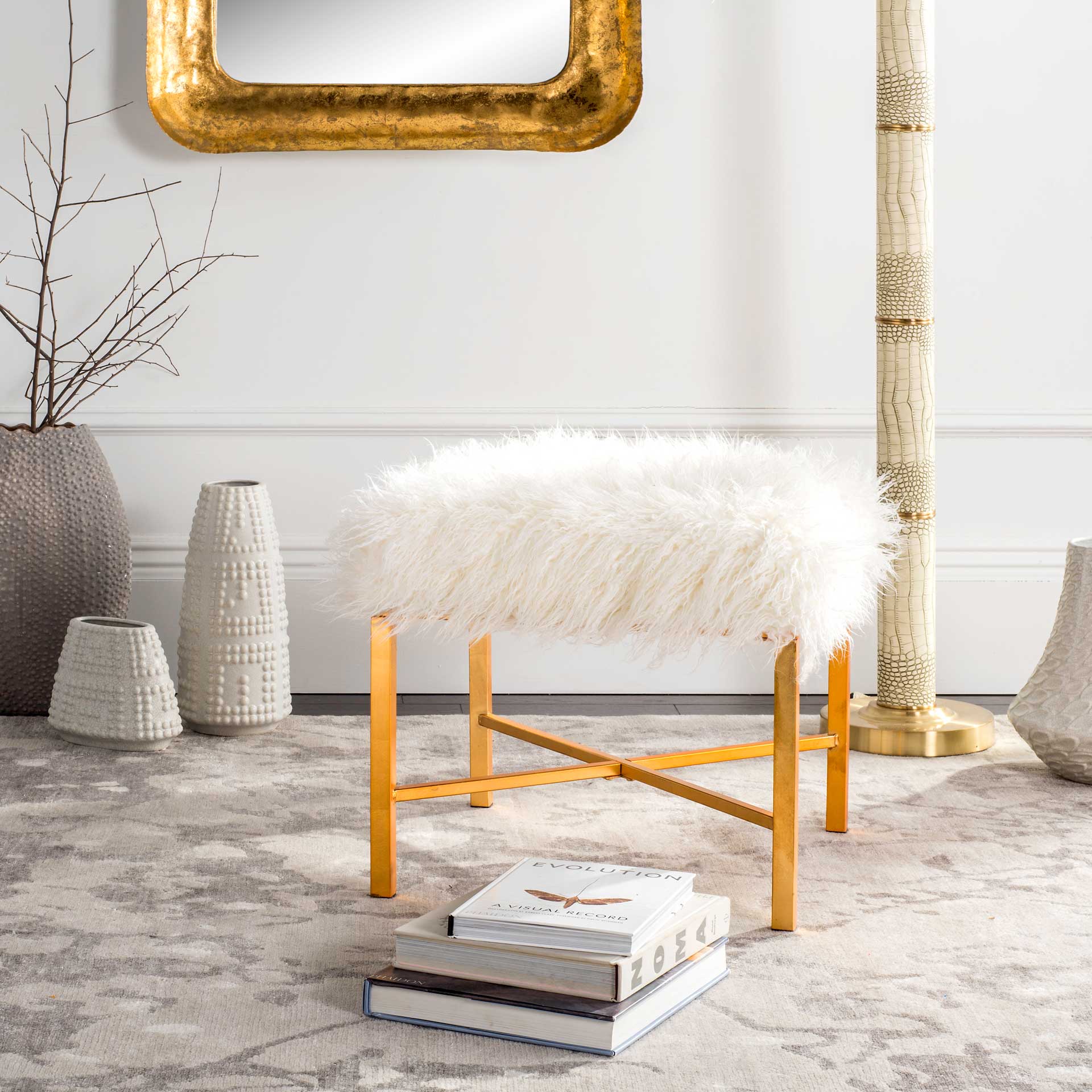 Hollingsworth Faux Sheepskin X- Square Bench White - Image 6