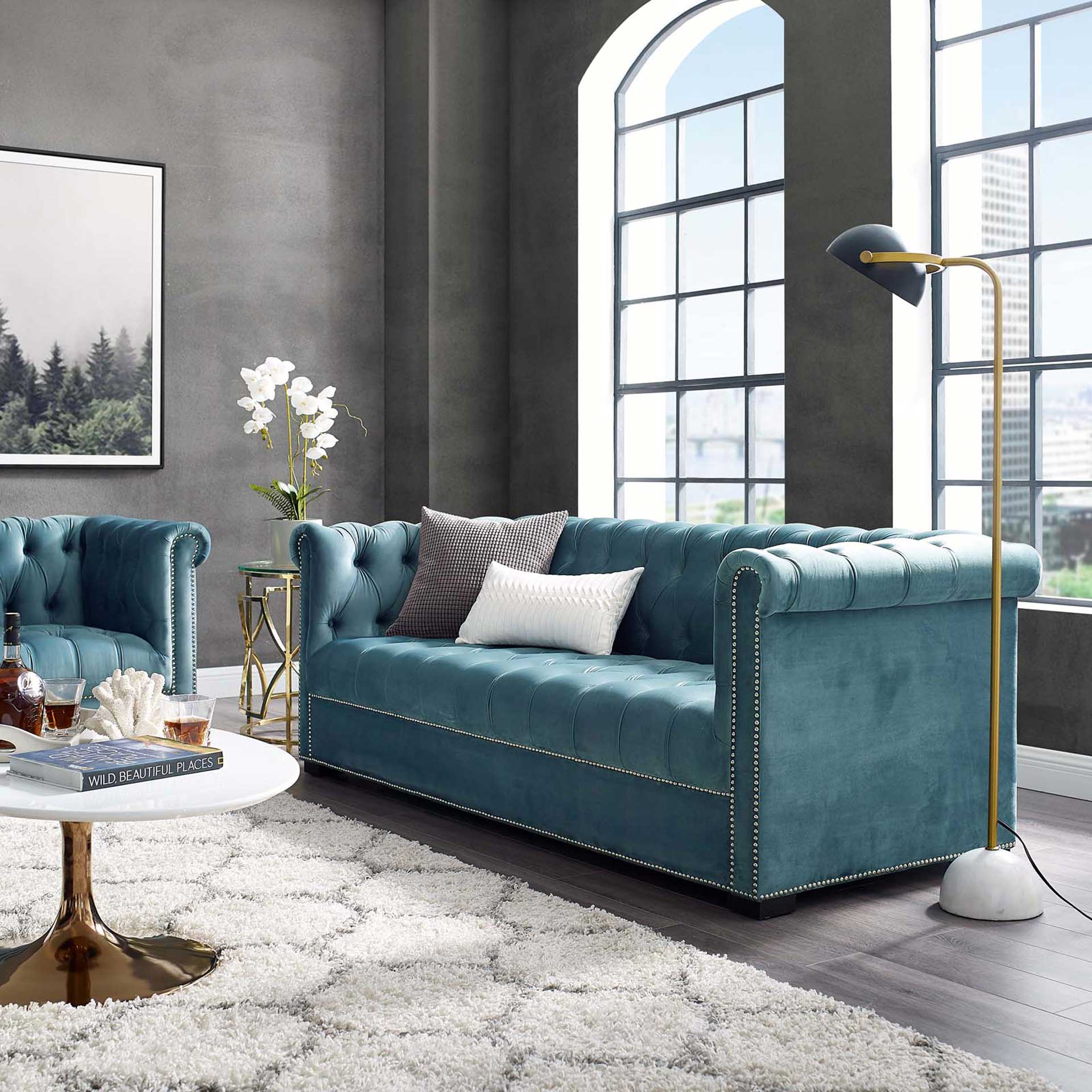 Hudson Upholstered Velvet Sofa Sea Blue - Image 4