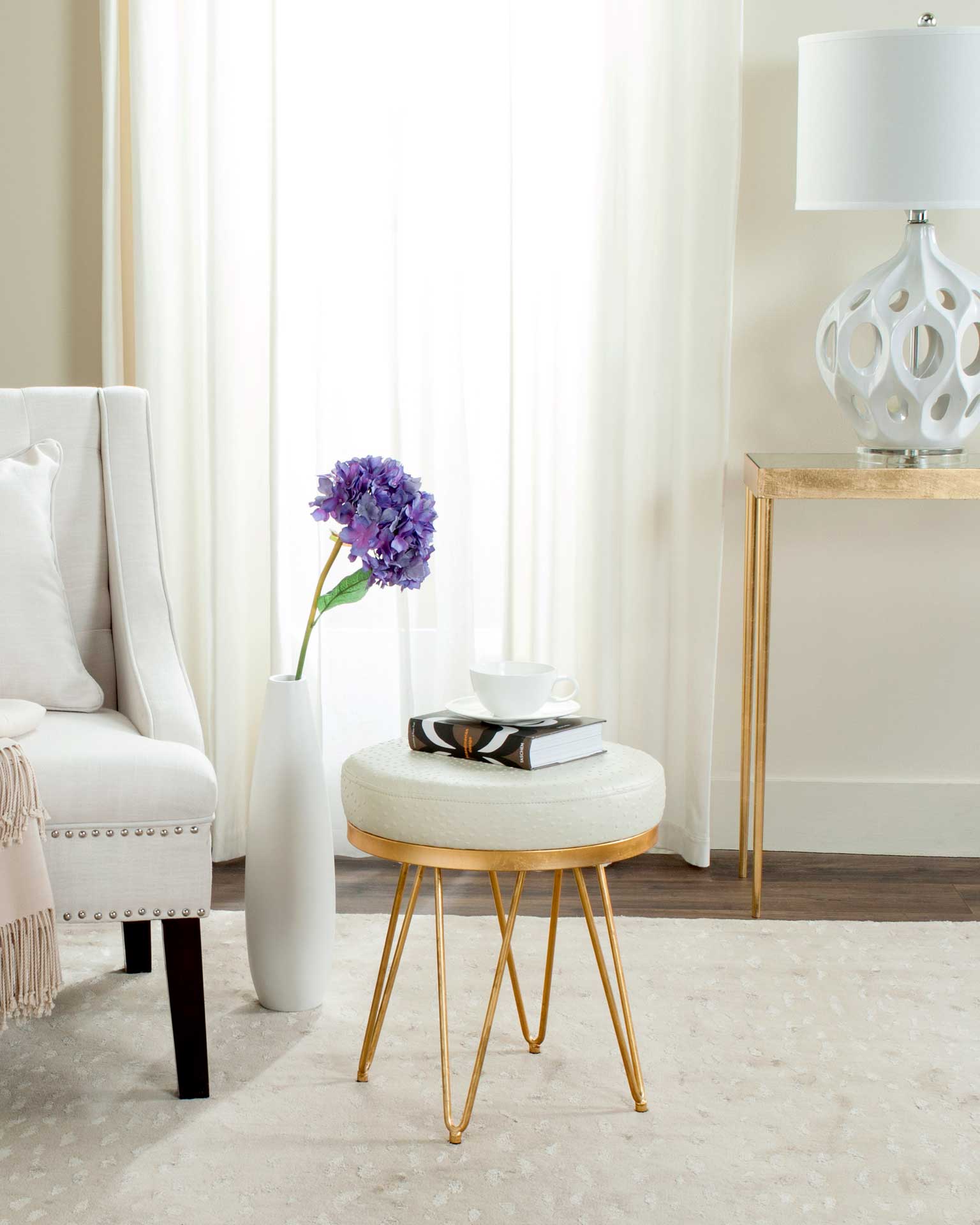 Jennifer Faux Ostrich Round Bench Cream - Image 5