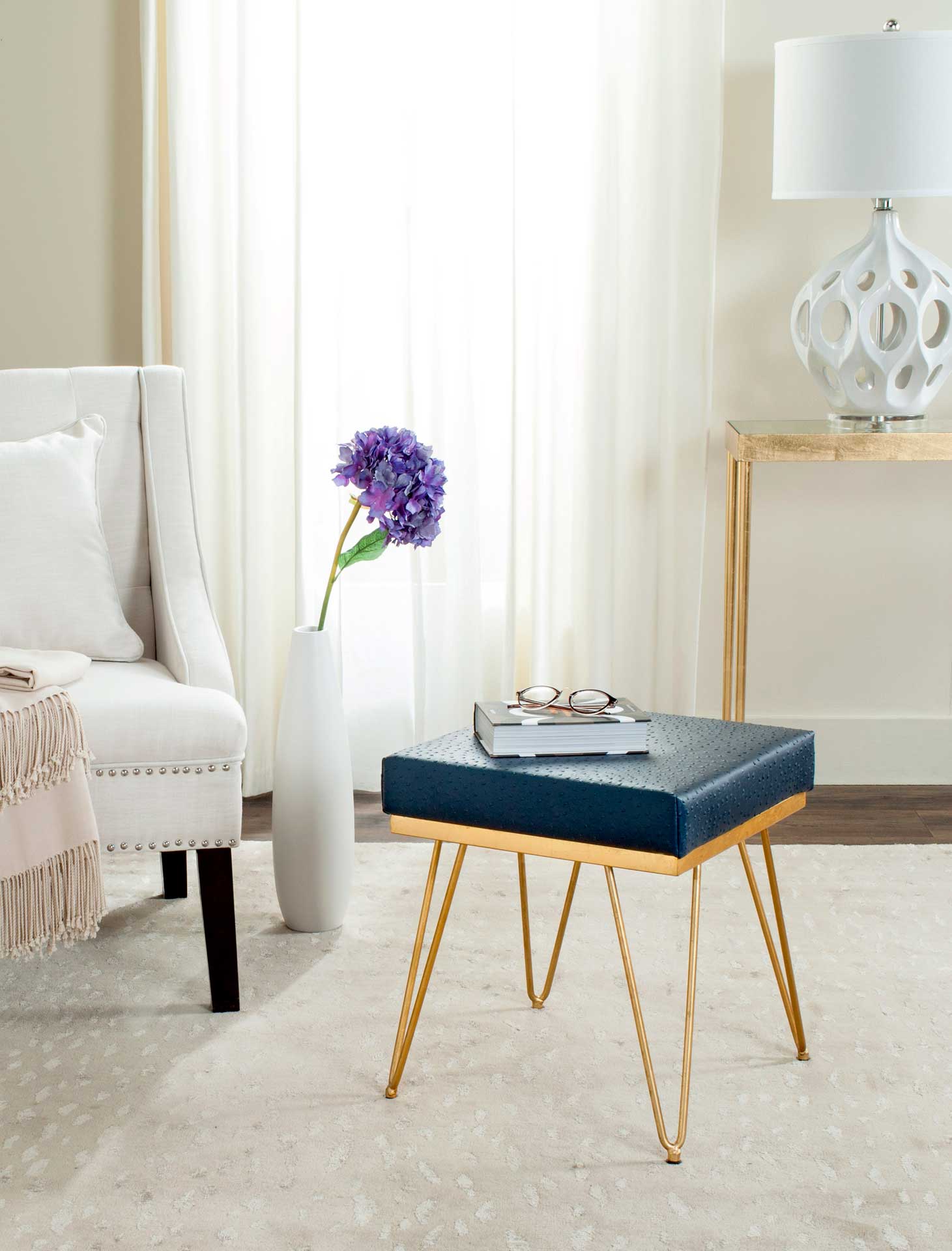 Jennifer Faux Ostrich Square Bench Navy - Image 4