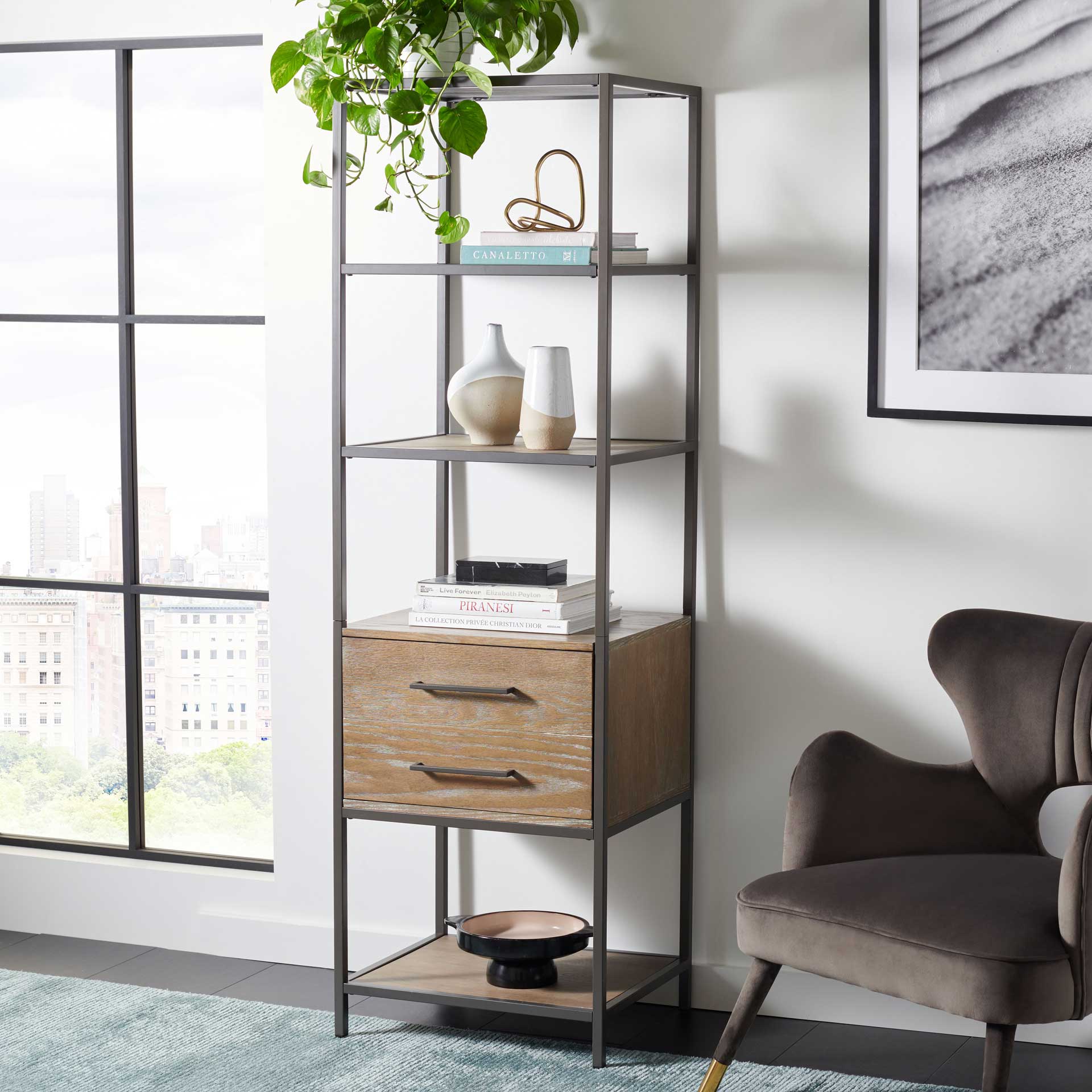 Johannes 5 Shelf 1 Drawer Etagere Rustic Oak/Gunmetal - Image 4