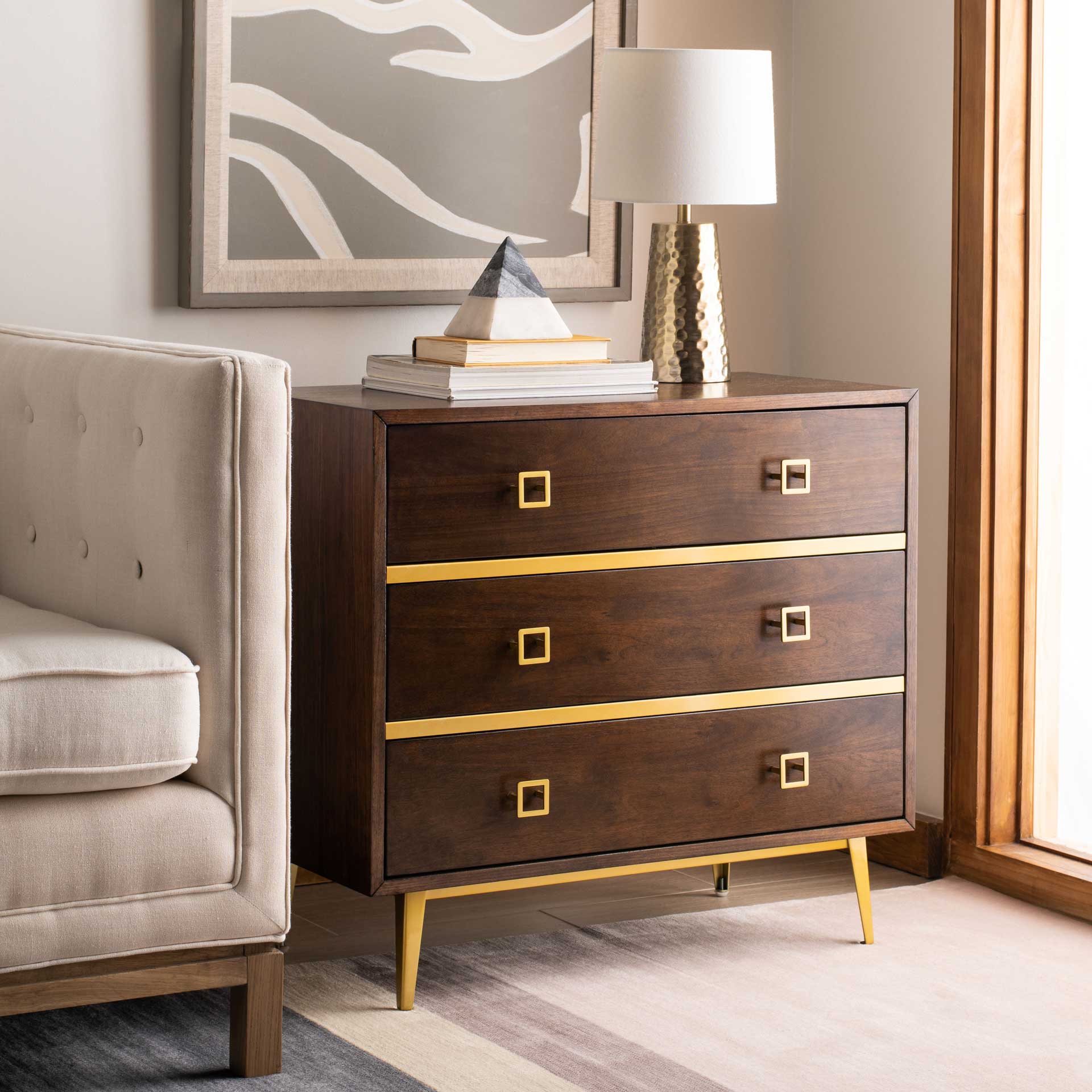 Kaiya 3 Drawer Chest Natural Walnut/Gold - Image 7