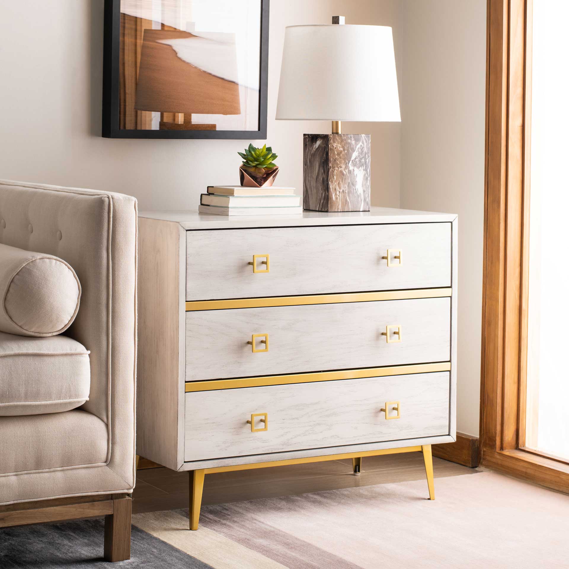 Kaiya 3 Drawer Chest White Wash/Gold - Image 6