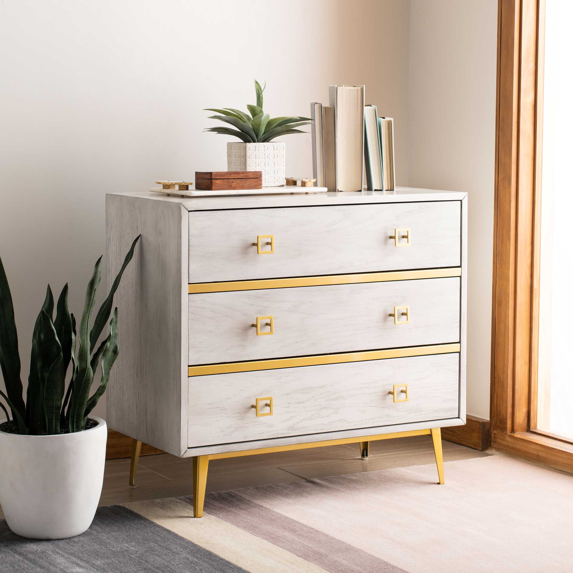 Kaiya 3 Drawer Chest White Wash/Gold - Image 7