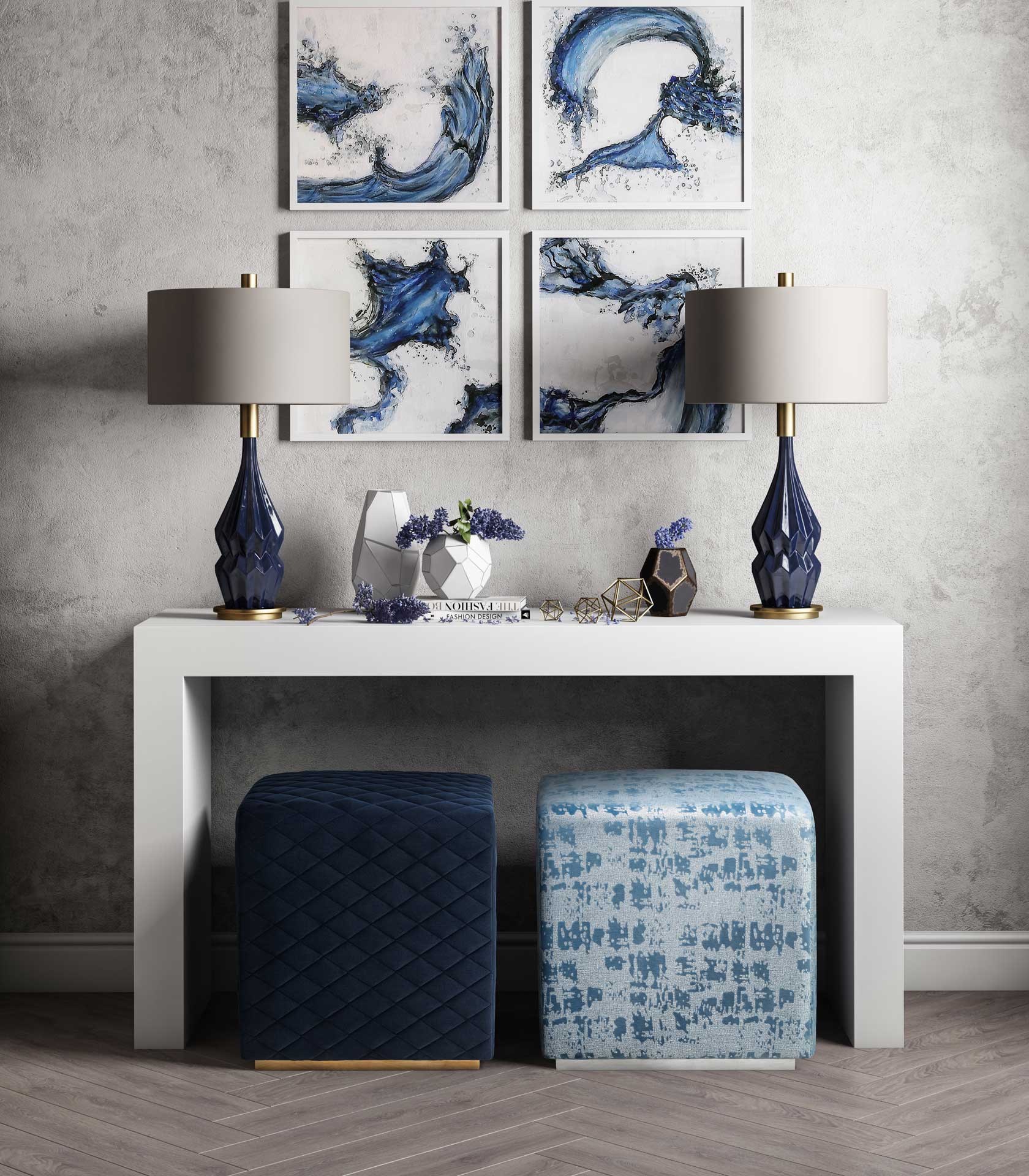 Kefton Textured Velvet Ottoman Blue - Image 6