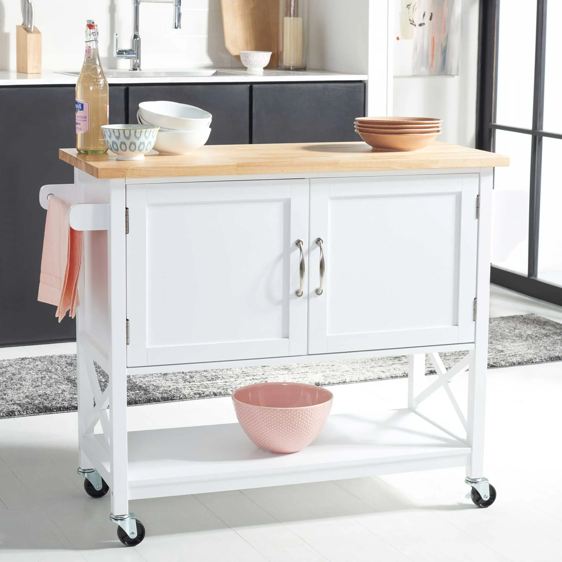 Kenley 2 Door 1 Shelf Kitchen Cart White/Natural - Image 4