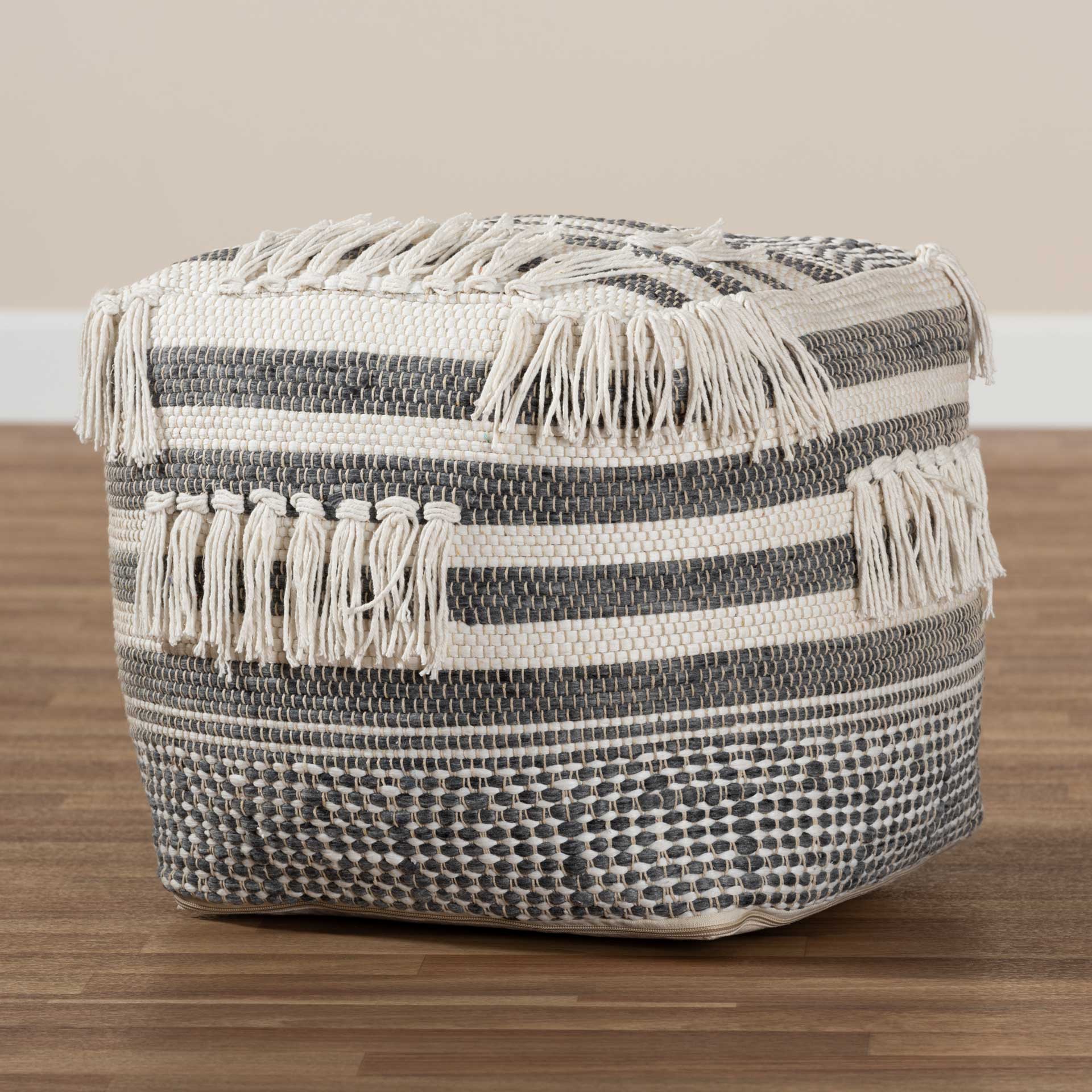 Kiam Handwoven Cotton Pouf Gray/Ivory - Image 5