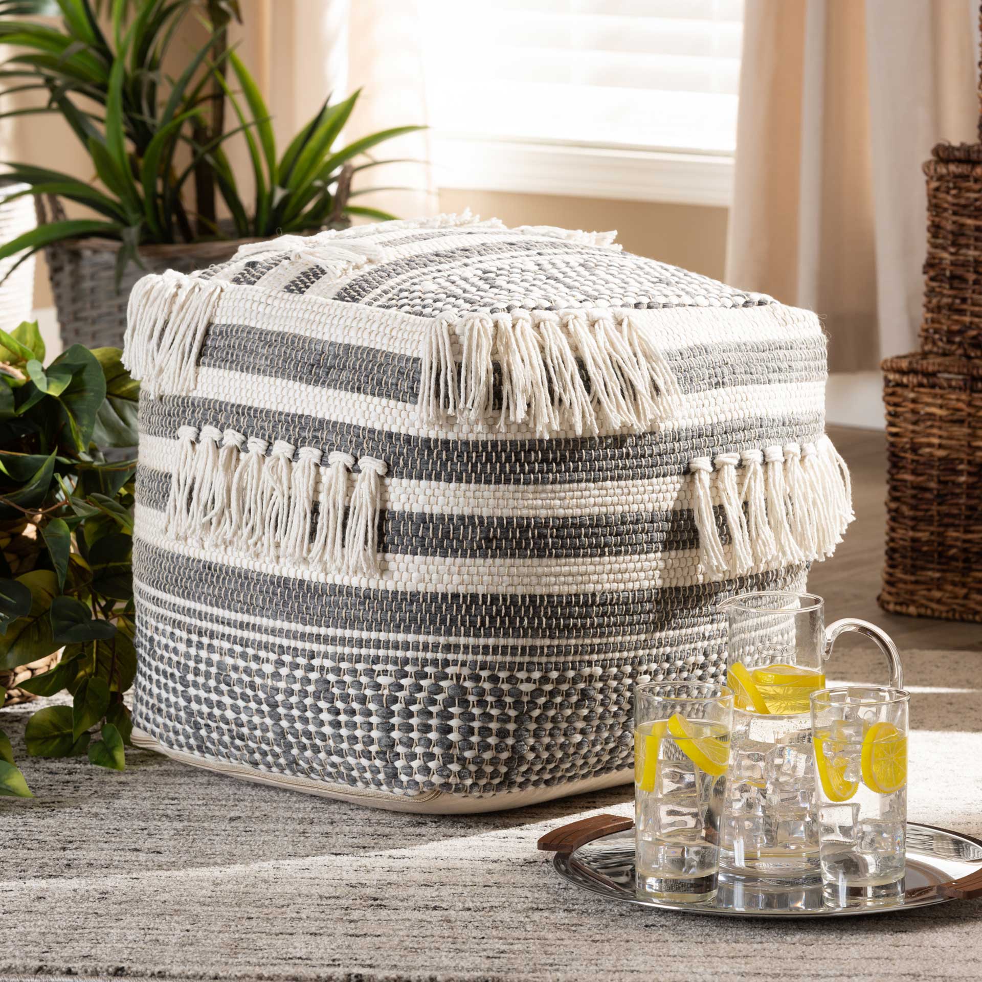 Kiam Handwoven Cotton Pouf Gray/Ivory - Image 6