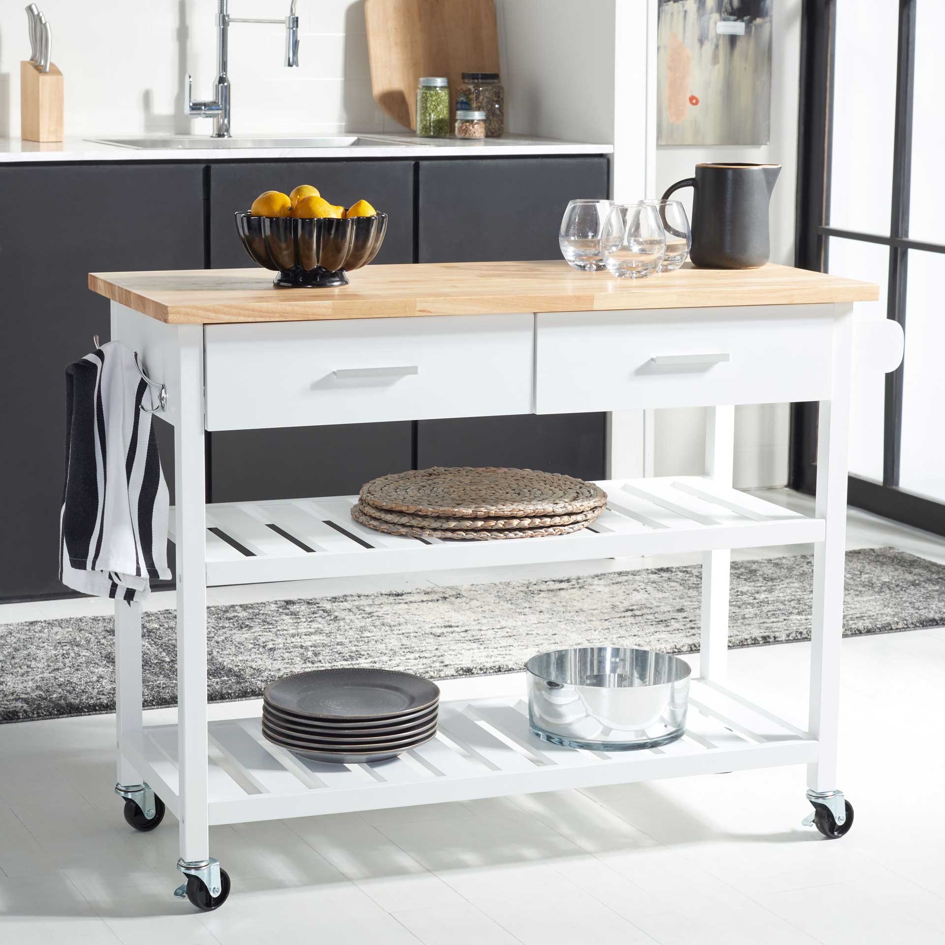 Kinston 2 Drawer 2 Shelf Kitchen Cart White/Natural - Image 4