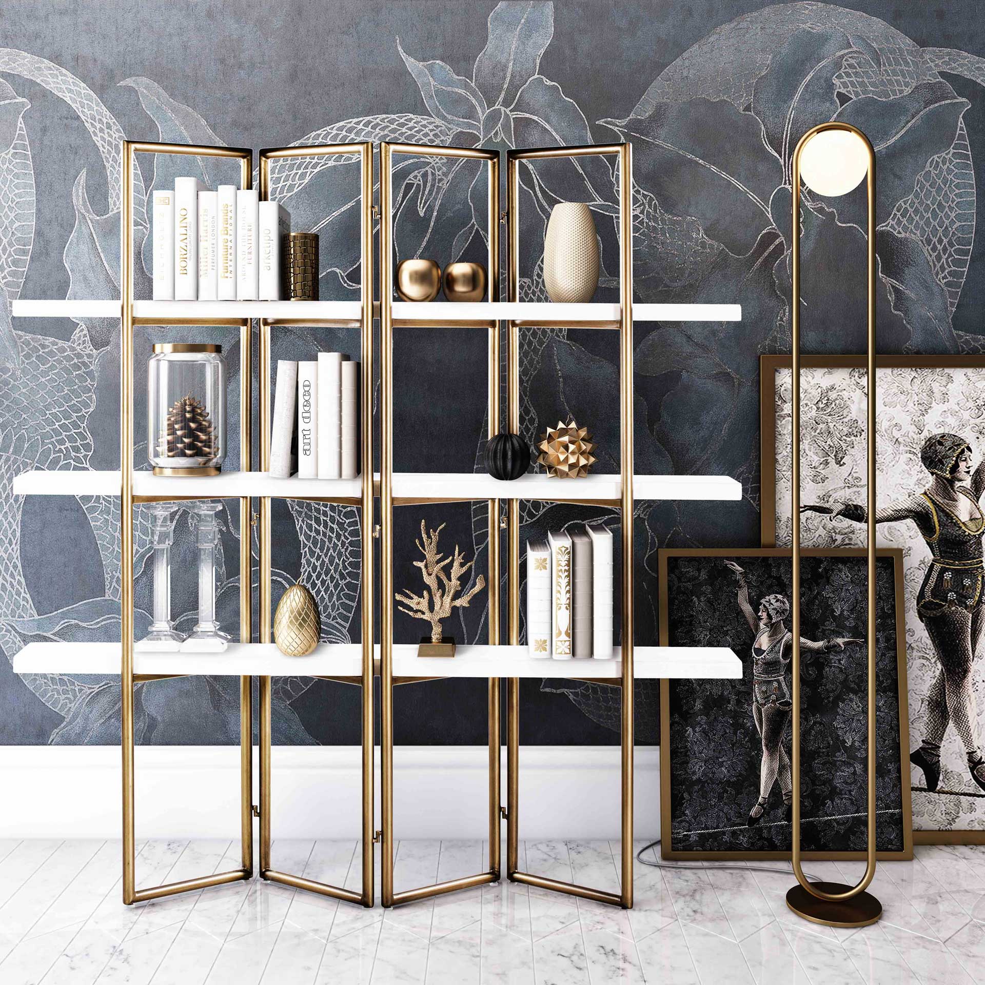 Kuthun Concrete Bookcase Brass/White - Image 8