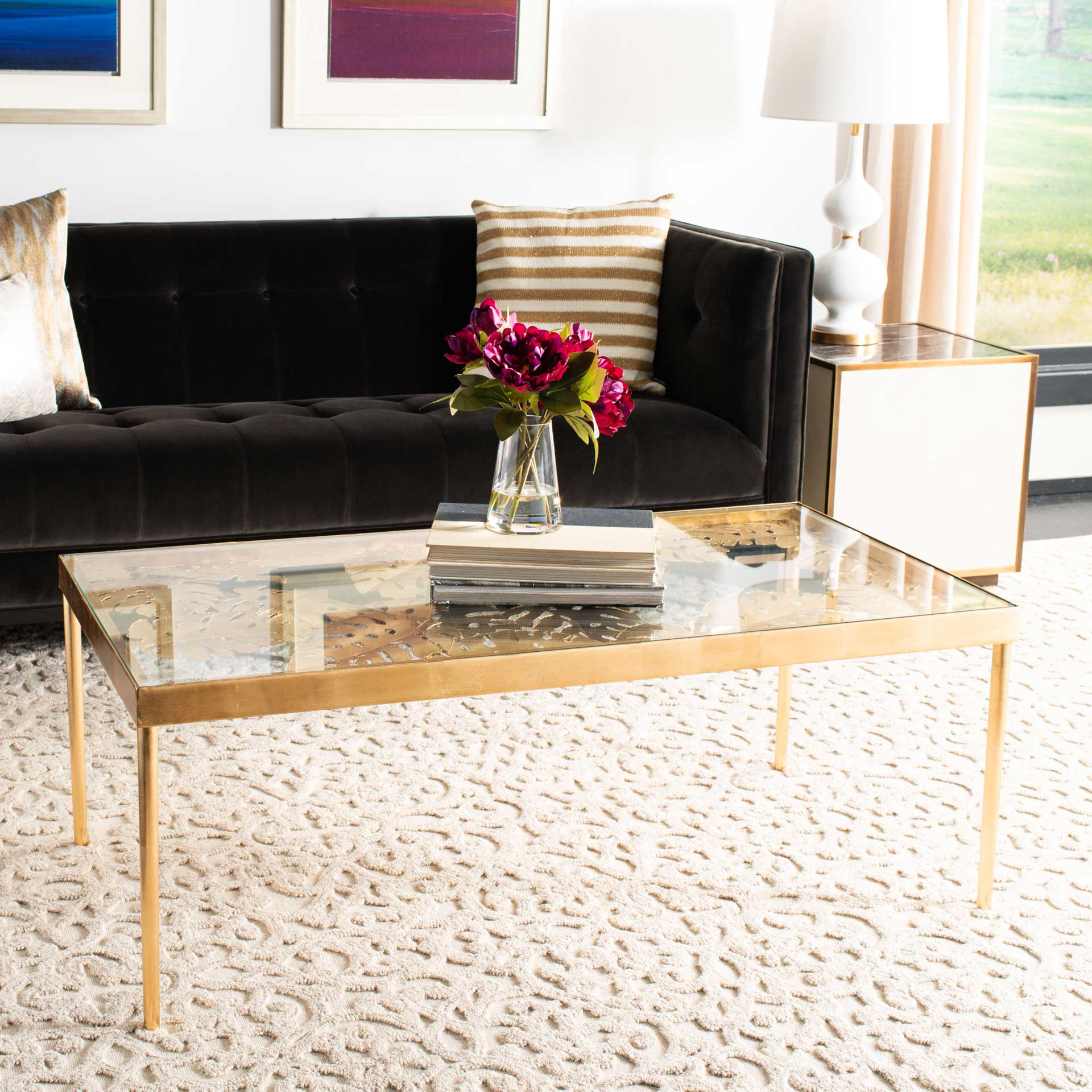 Leonie Palm Leaf Coffee Table Gold/Glass - Image 7