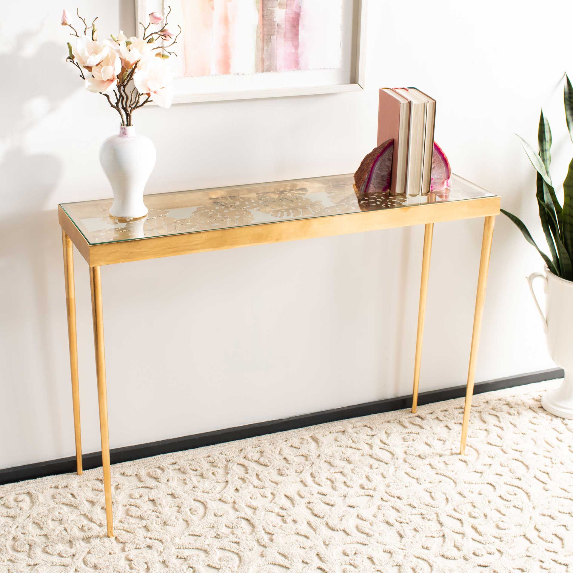 Leonie Palm Leaf Console Table Gold/Glass - Image 5