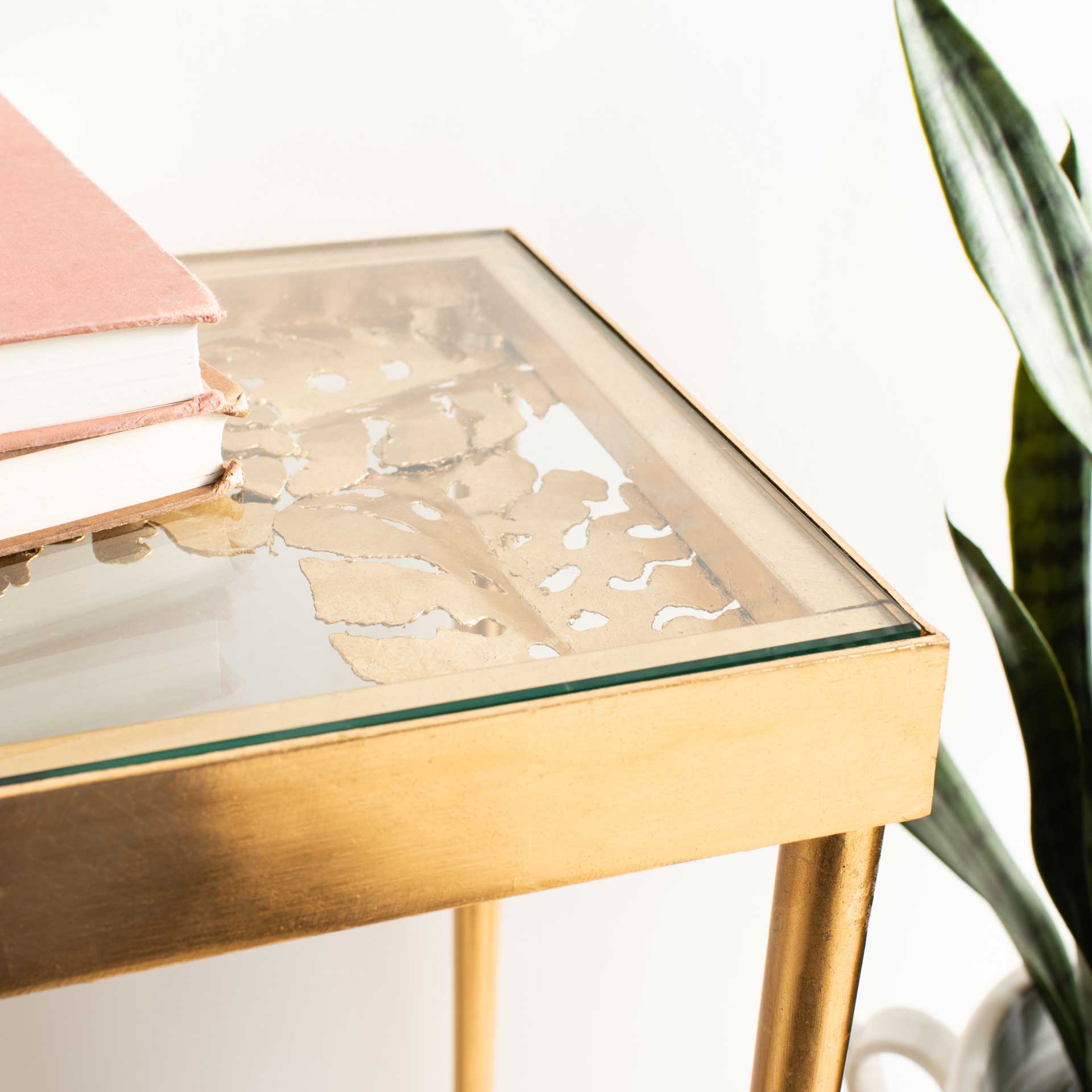 Leonie Palm Leaf Console Table Gold/Glass - Image 6