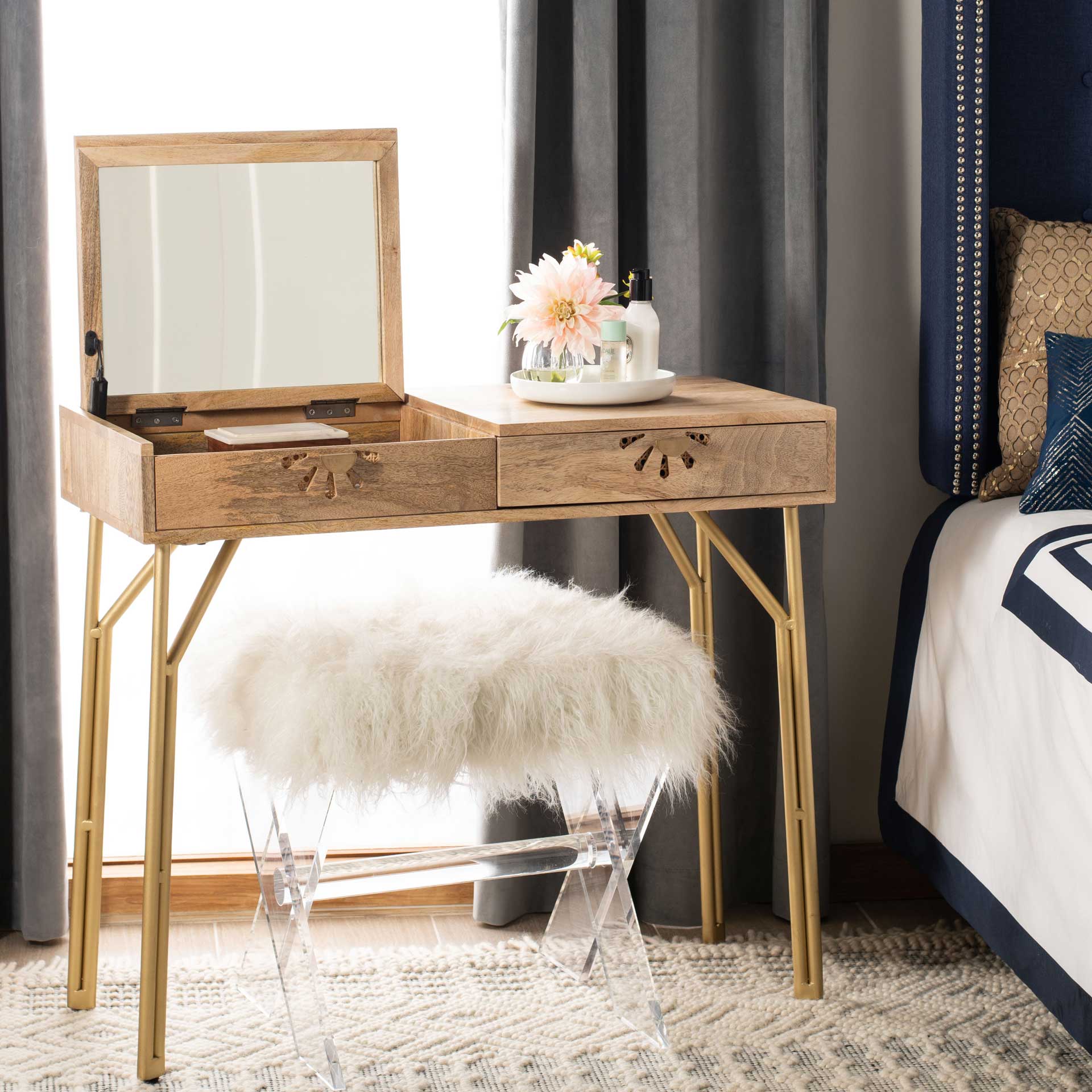 Lian 2 Drawer Vanity With Mirror Natural/Brass - Image 10