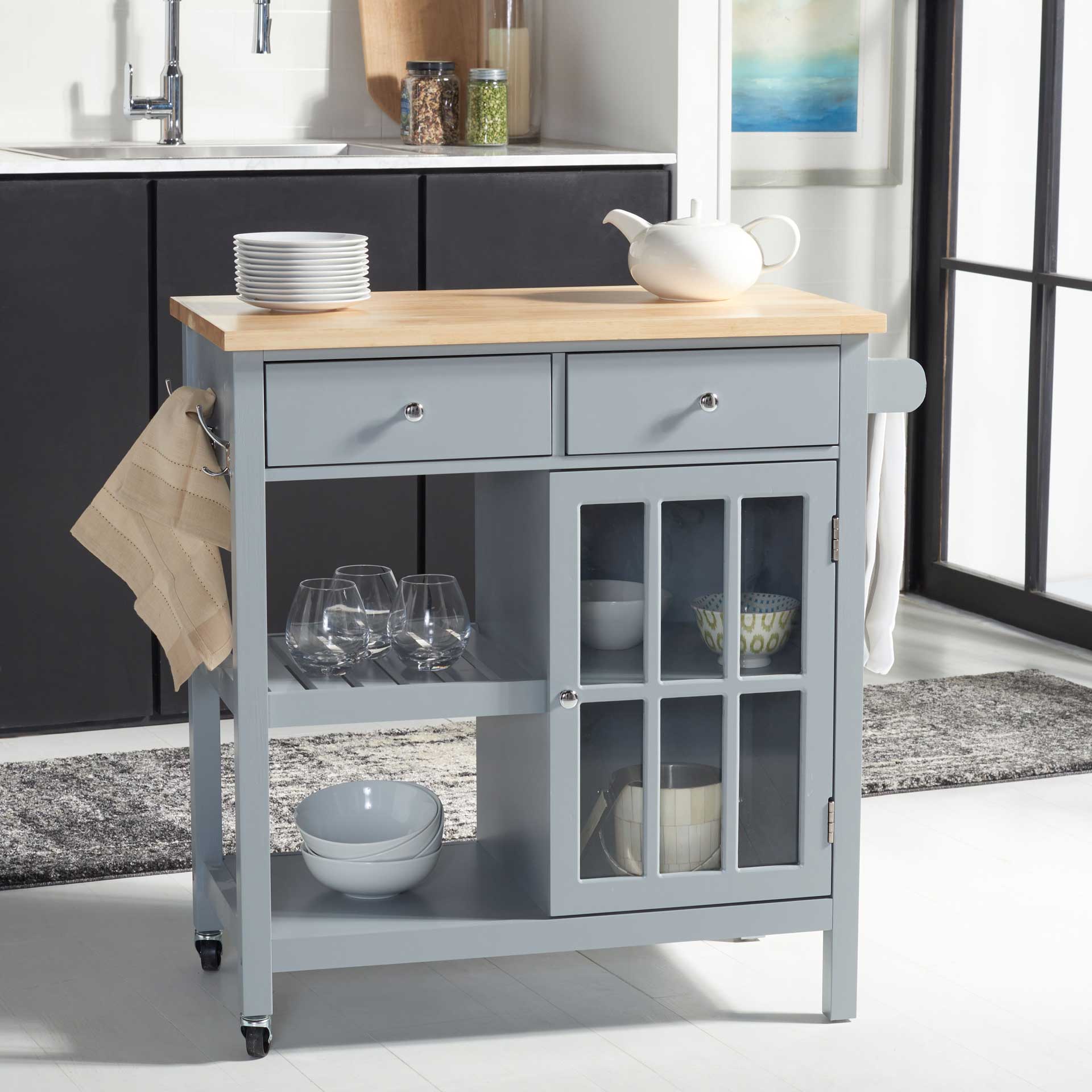 Lodi 1 Door 2 Drawer 2 Shelf Kitchen Cart Gray/Natural - Image 4
