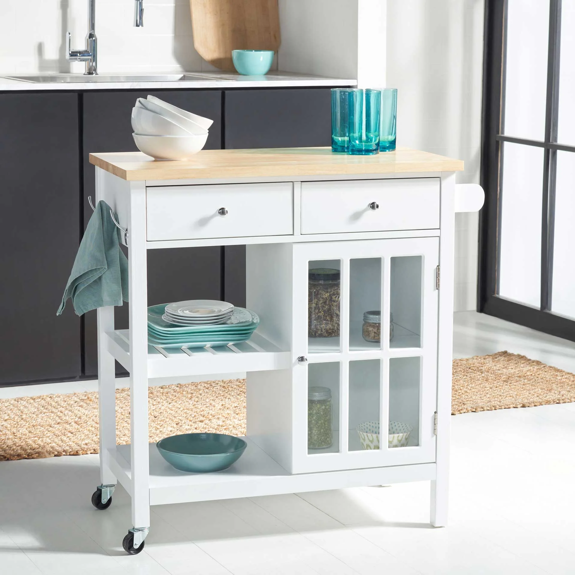 Lodi 1 Door 2 Drawer 2 Shelf Kitchen Cart White/Natural - Image 4